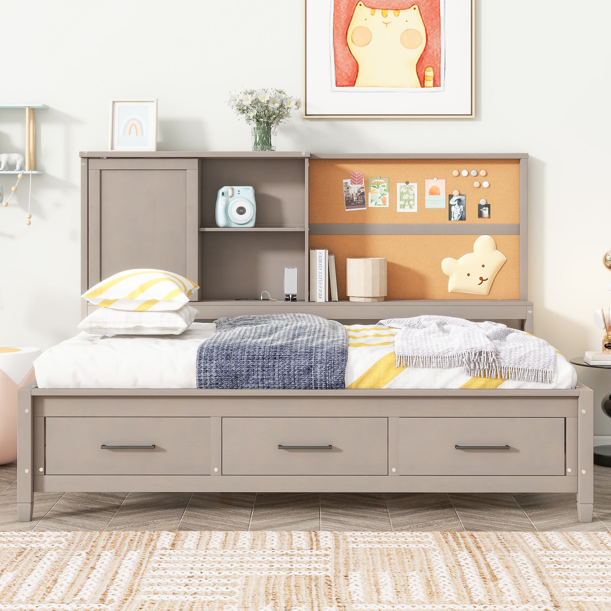 Twin Size Lounge Daybed with Storage Shelves, Cork Board, USB Ports, and 3 Drawers, for Bedroom, 78.5 L x 50 W x 51 H, Antique Gray | Aosom.com
