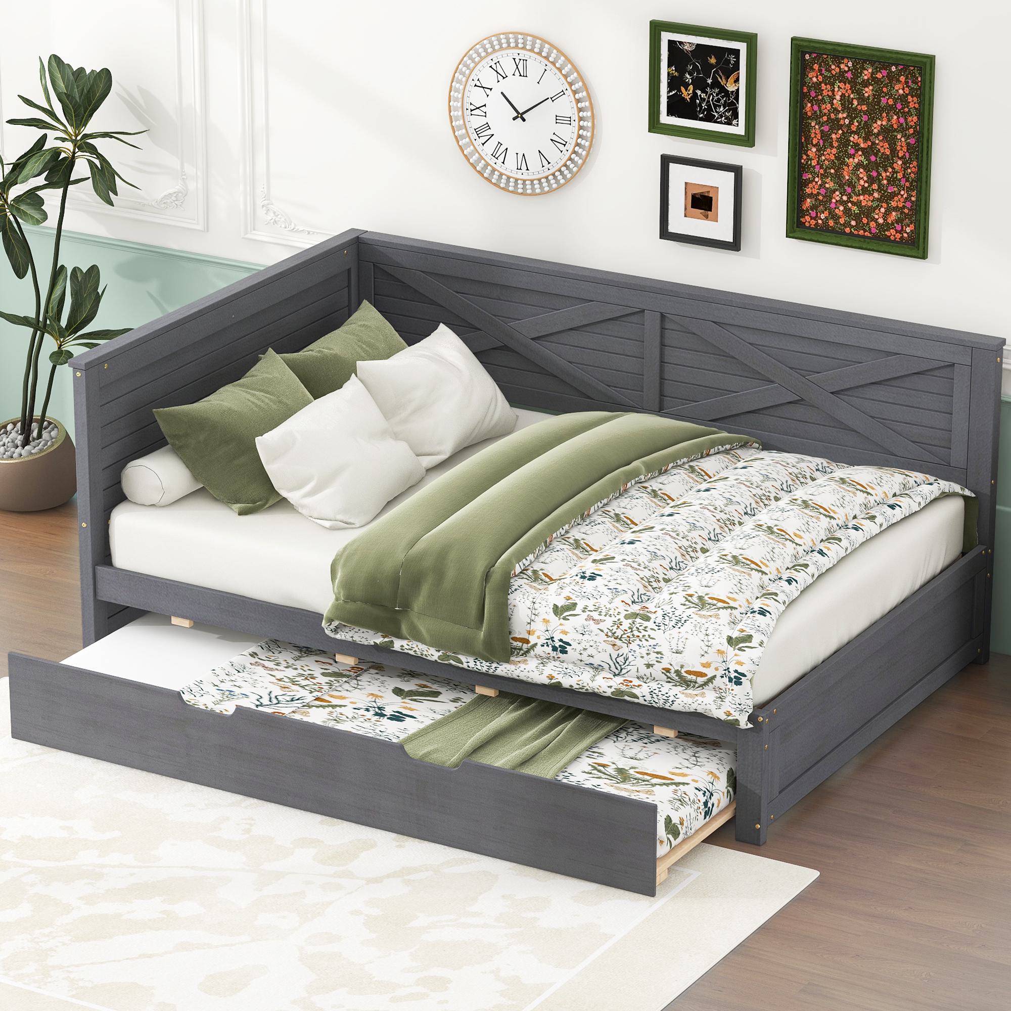 Twin Size Daybed with Trundle, Rustic Guardrail, Solid Wood Construction, Modern Furniture for Bedroom, 77.5 L x 42 W x 33.5 H, Grey | Aosom.com