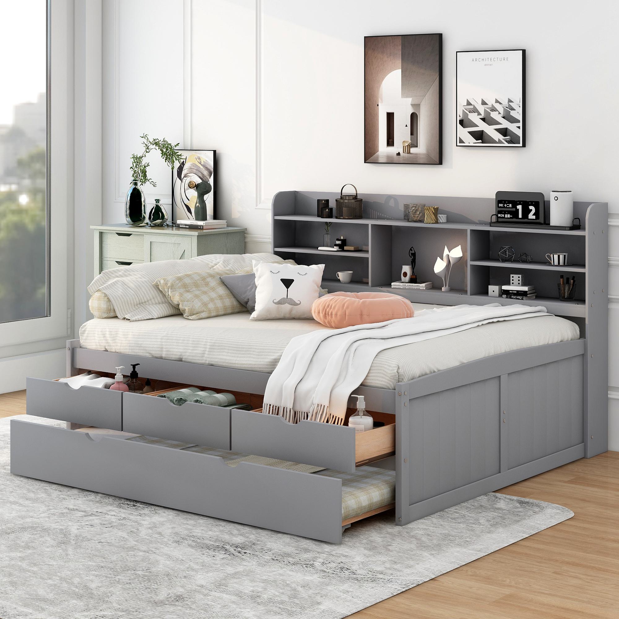 Wood Full Size Bed with Built-in Bookshelves, 3-Drawer, and Trundle, Classic Style Bed for Bedroom, 78.5 L x 104.5 W x 47 H, Light Grey | Aosom.com