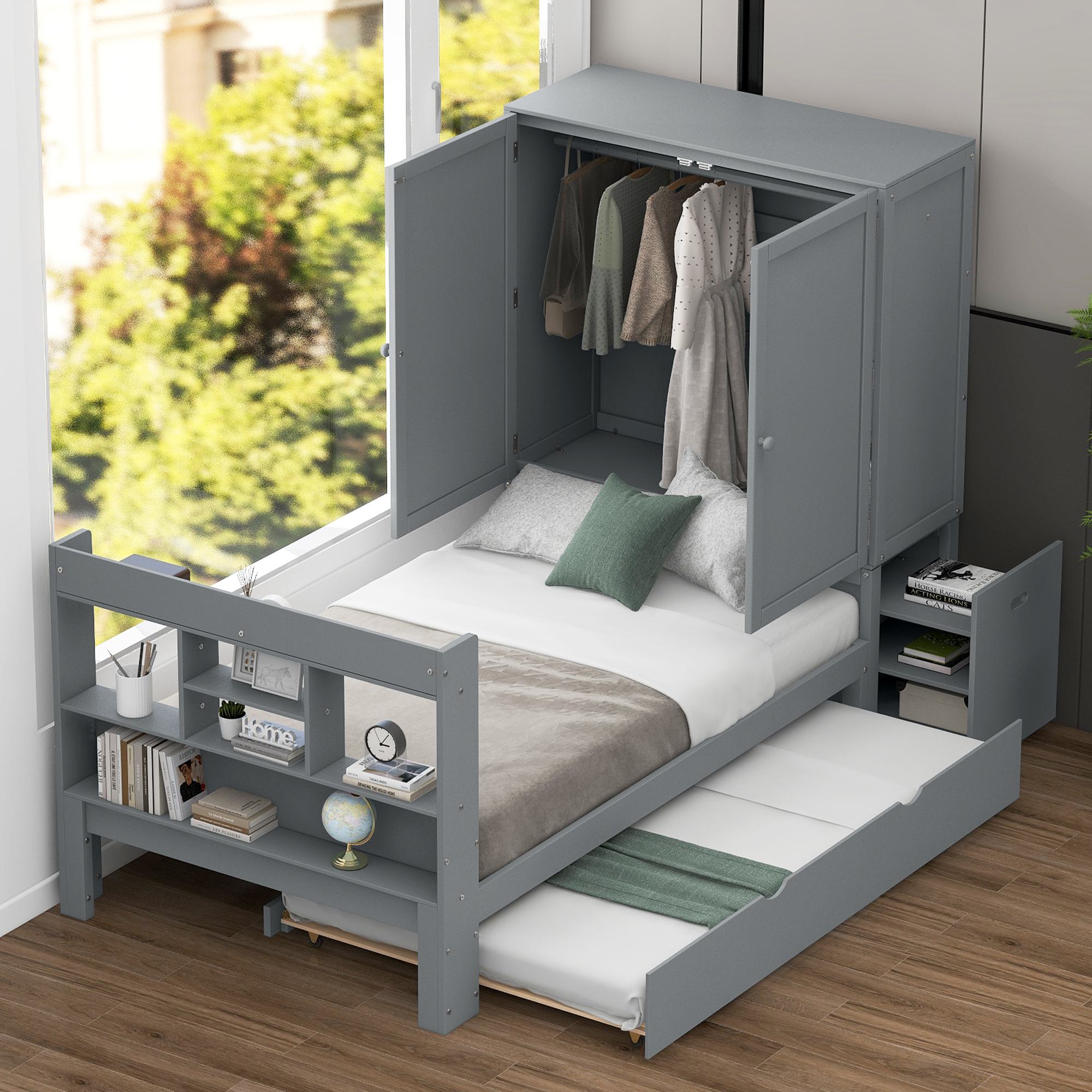 Wood Twin Size Platform Bed for Kids with Storage Headboard, Footboard, Pull Out Shelves, and Trundle, 101 L x 41.5 W x 65.5 H, Gray | Aosom.com
