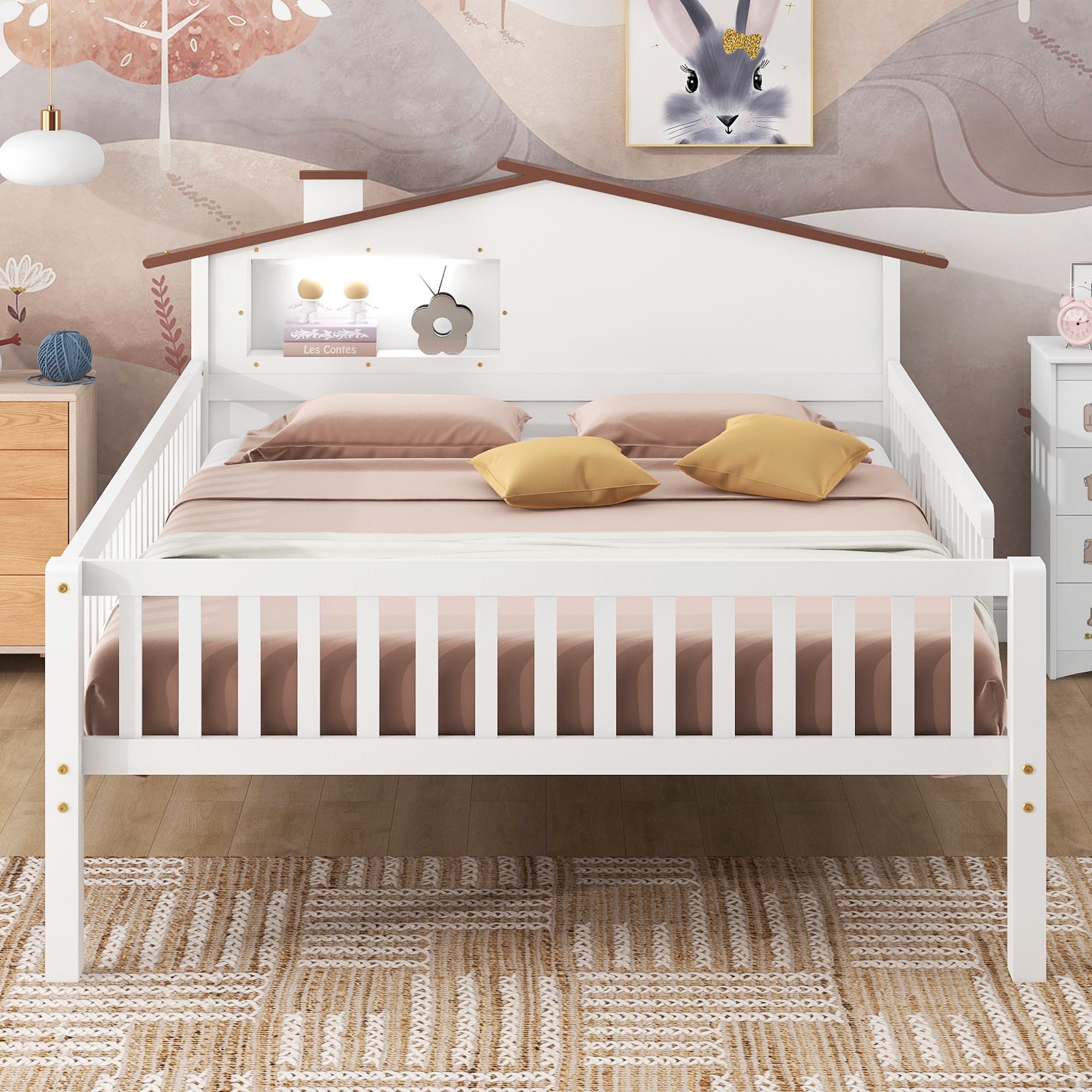 Full Size Platform Bed with House-Shaped Headboard, LED Light, and Built-in Storage, Solid Wood Bed for Kids, 82 L x 56 W x 36 H, White | Aosom.com