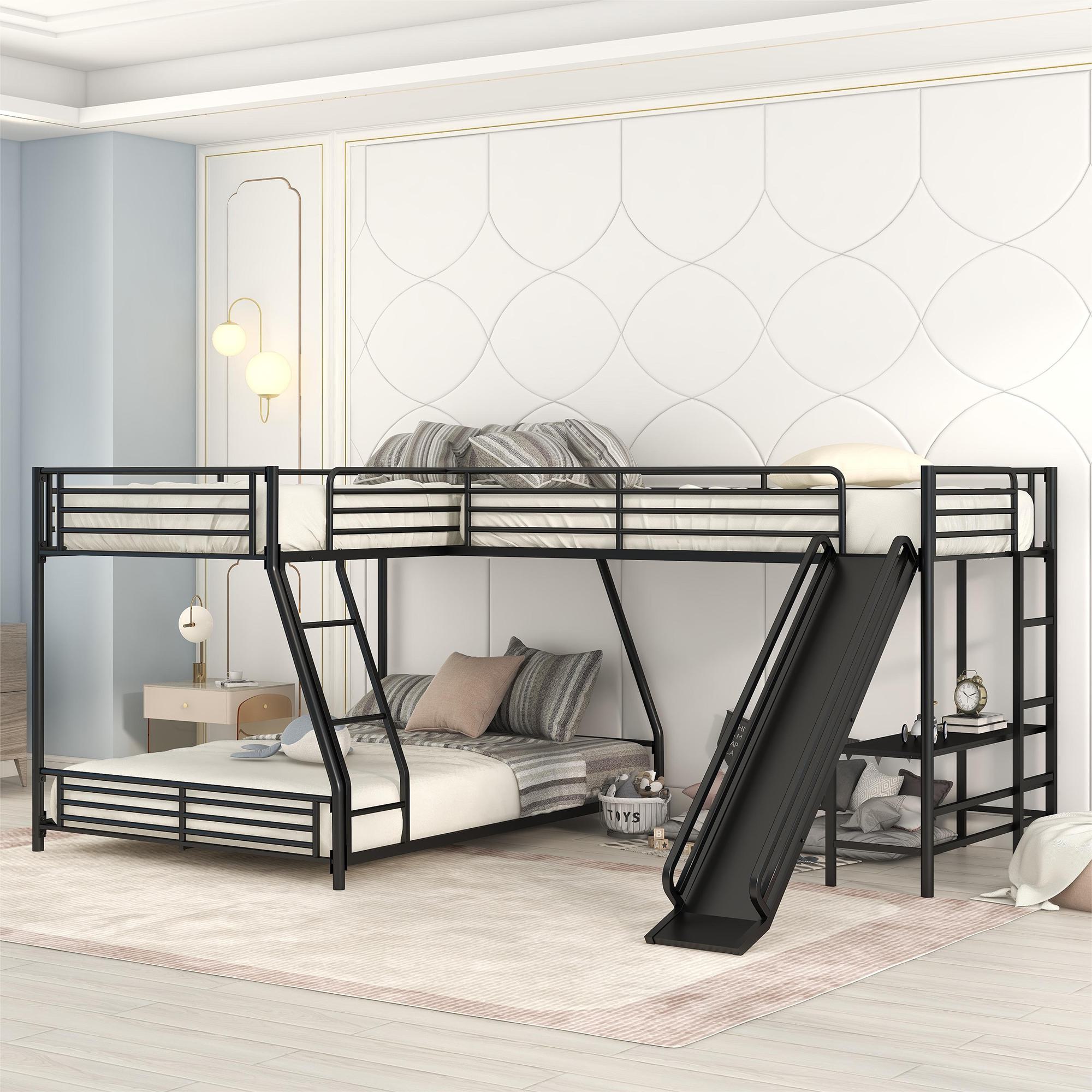 L-Shaped Twin over Full Bunk Bed for Kids with Twin Loft, Built-in Desk, Full-Length Guardrail, Slide, 117.5 L x 77.5 W x 53 H, Black | Aosom.com