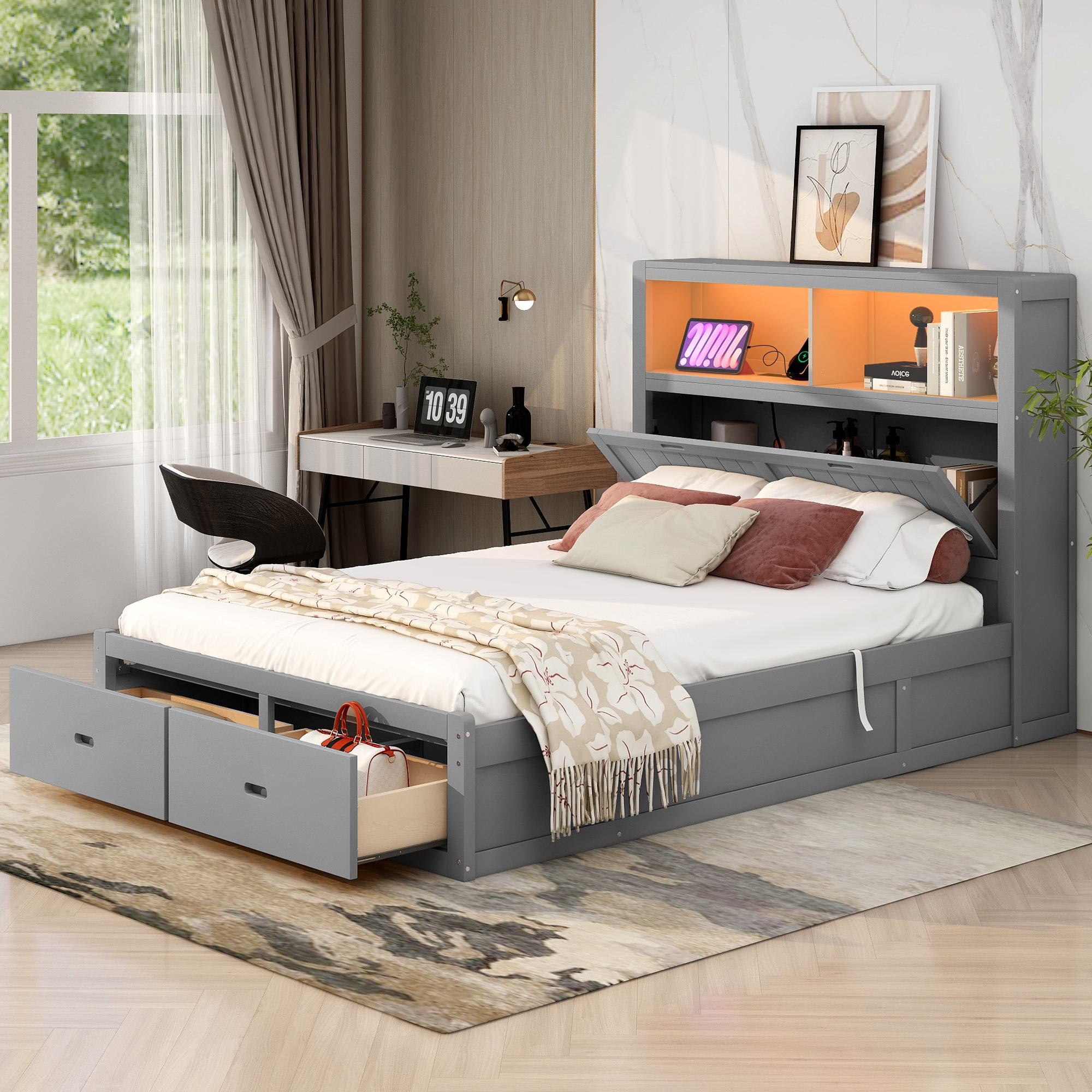 Wood Queen Size Hydraulic Platform Bed with Storage LED Headboard, Charging Station, and 2 Drawers, 90.5" L x 63" W x 47" H, Gray