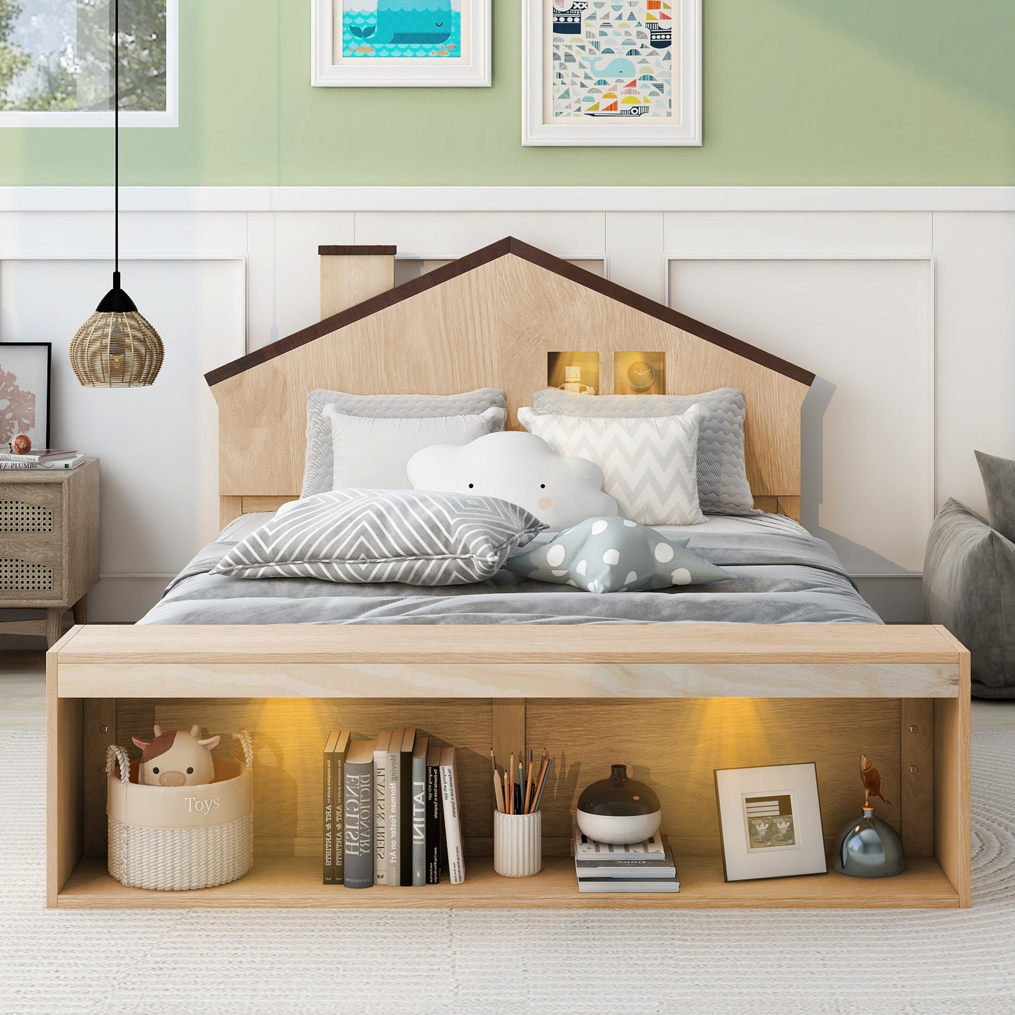 Full Size House Platform Bed for Kids with Lights, Multi-Storage, and Solid Wood Construction, 87.5 L x 58.5 W x 39.5 H, Natural Wood | Aosom.com
