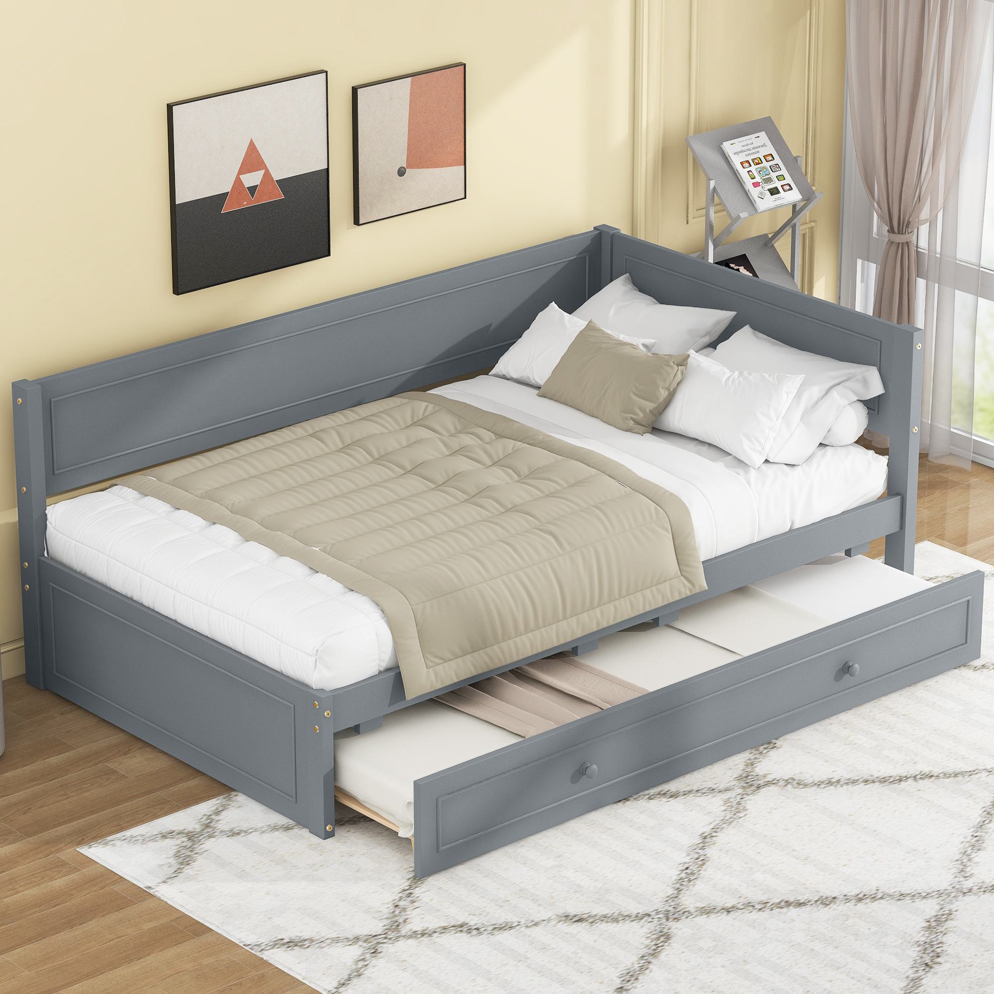 Twin Size Wood Daybed with Trundle and Guardrail, Solid Wood Construction, Modern Furniture for Bedroom, 77 L x 40.5 W x 31.5 H, Gray | Aosom.com