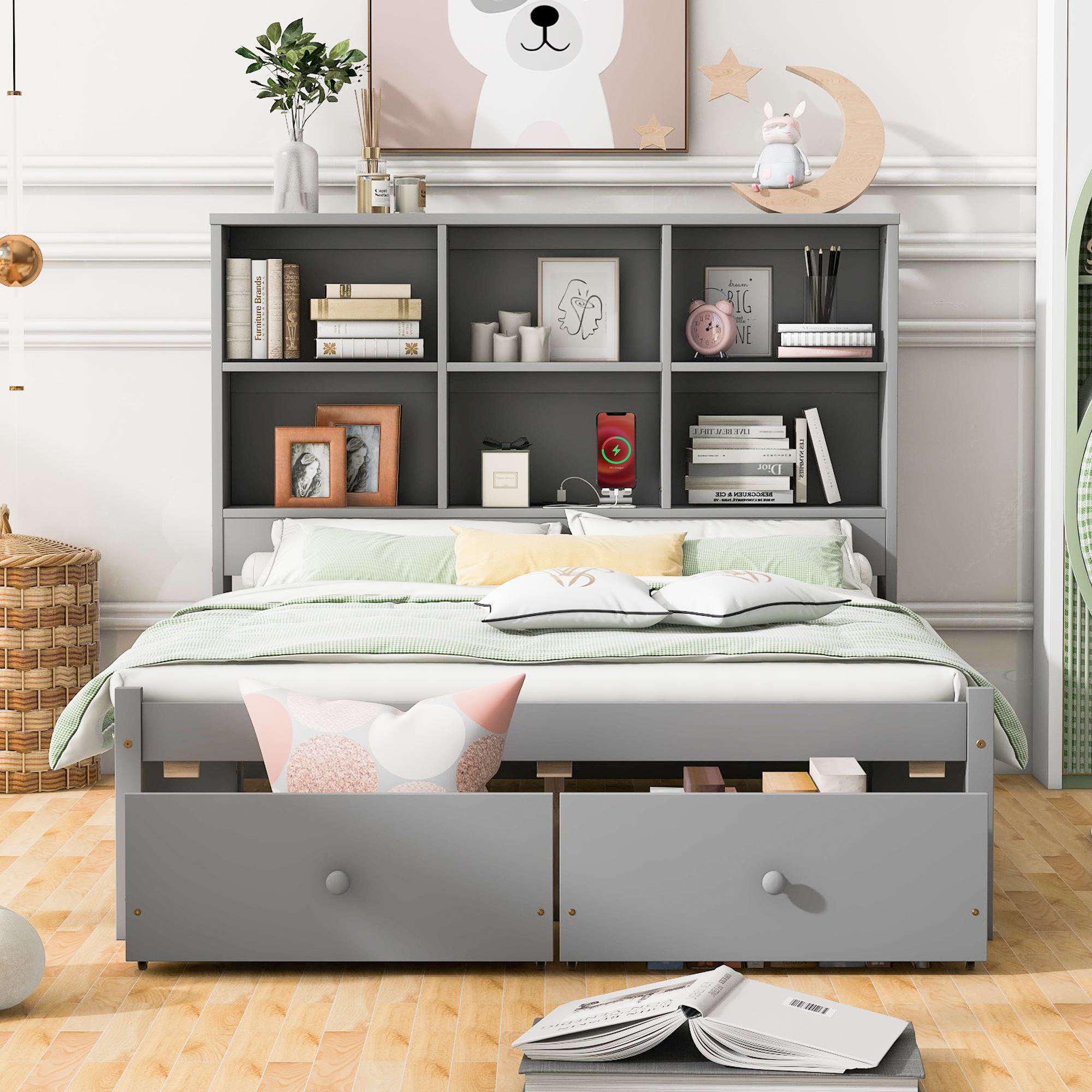 Full Size Platform Bed with Storage Headboard, Charging Station, and 2 Drawers, Solid Wood Bed for Bedroom, 85 L x 55 W x 48 H, Gray | Aosom.com