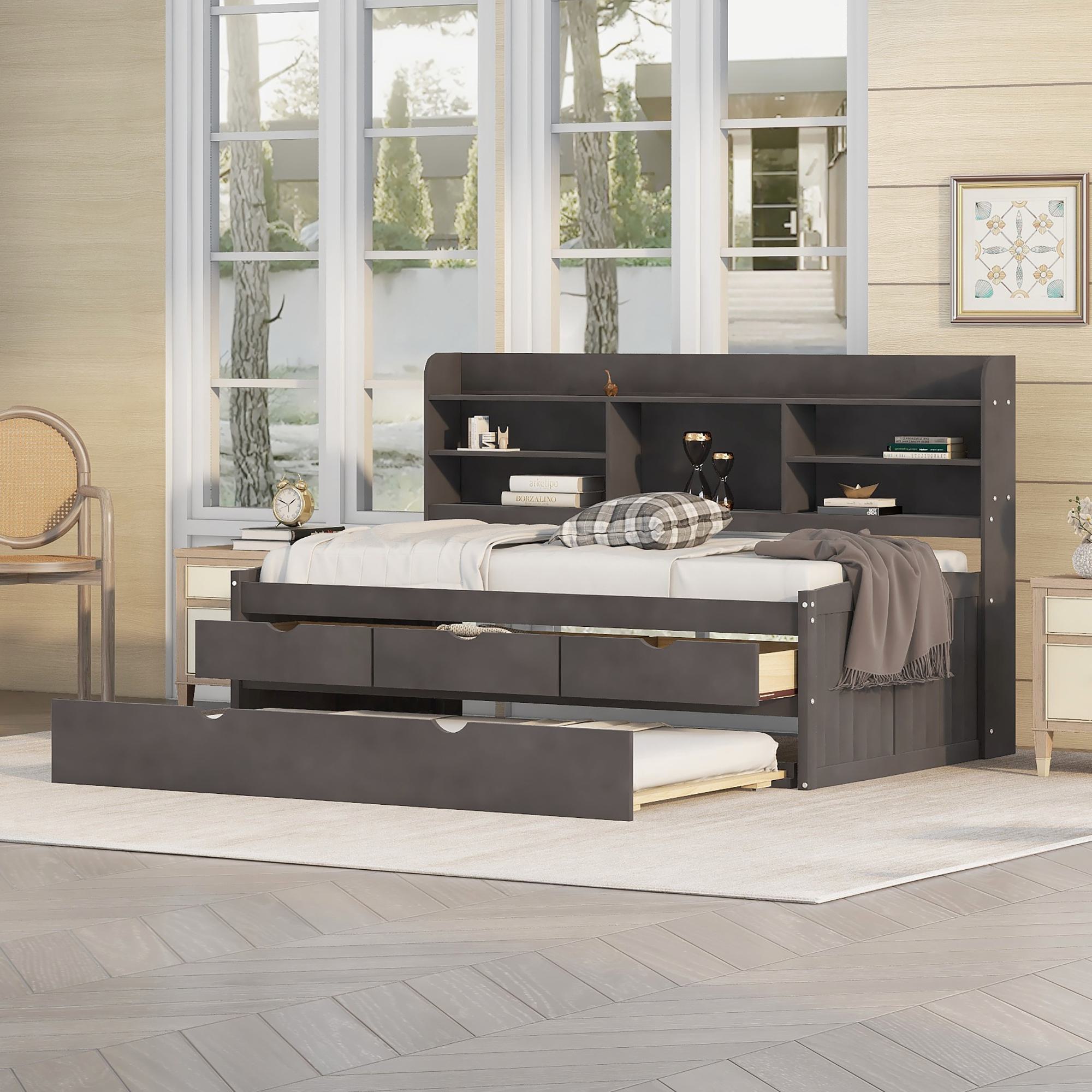 Classic Style Twin Size Wooden Captain Bed with Built-in Bookshelves, 3 Storage Drawers, and Trundle, 77.5" L x 88" W x 47" H, Antique Gray