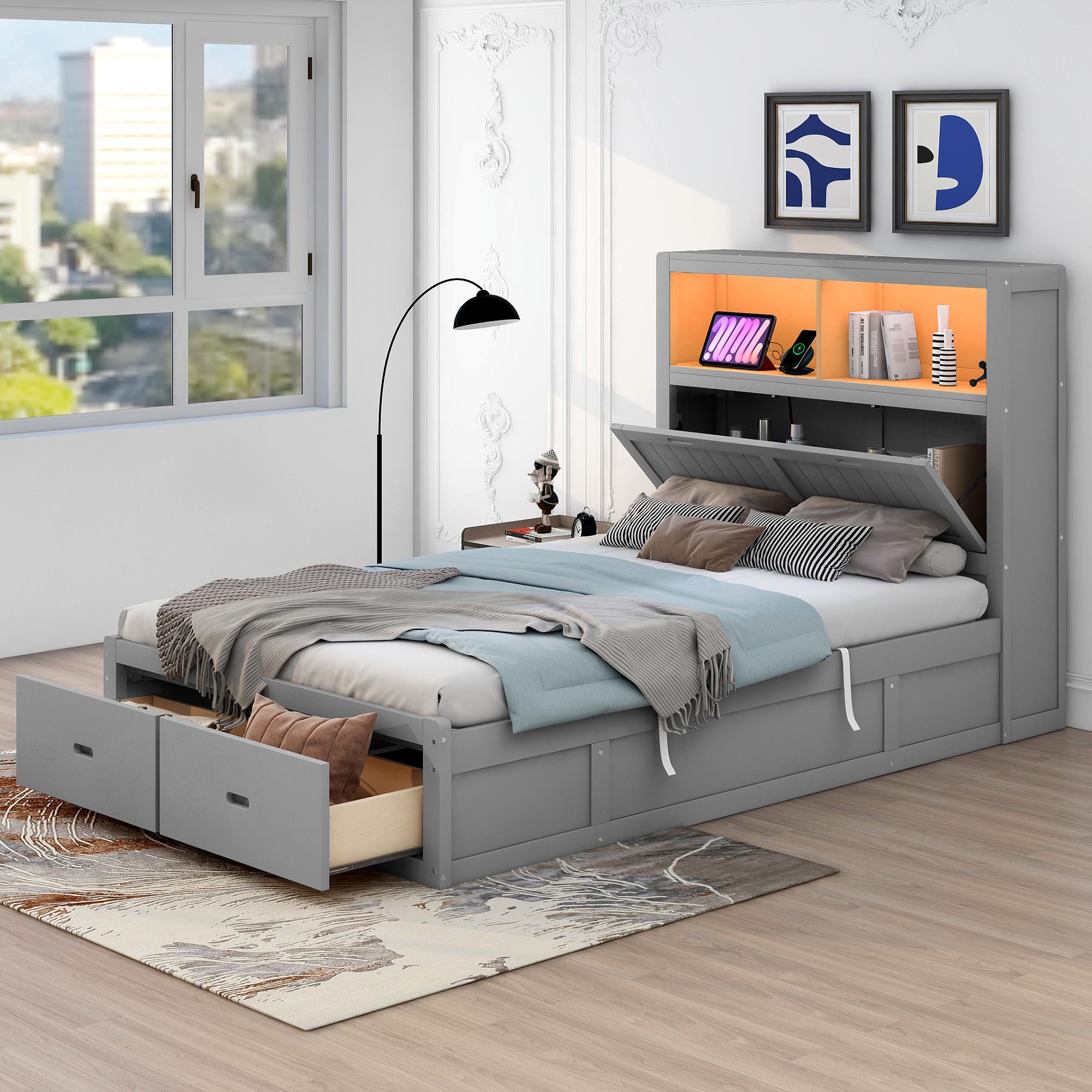 Full Size Platform Bed with Storage LED Headboard, Charging Station, 2 Drawers, Solid Wood Bed for Bedroom, 86 L x 56.5 W x 47 H, Gray | Aosom.com