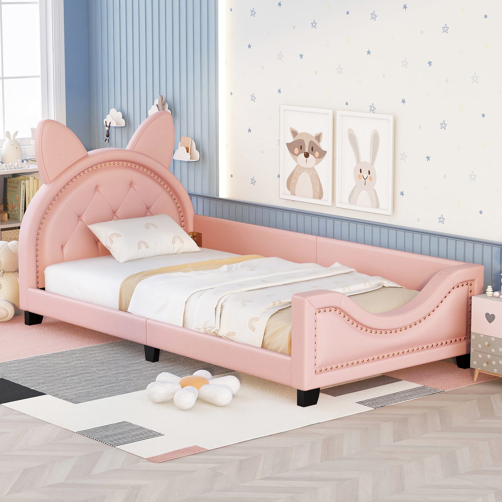 Twin Size Upholstered Daybed for Kids with Carton Ears Shaped Headboard, Sturdy Wood Frame, Easy Assembly, 80 L x 41 W x 37 H, Pink | Aosom.com