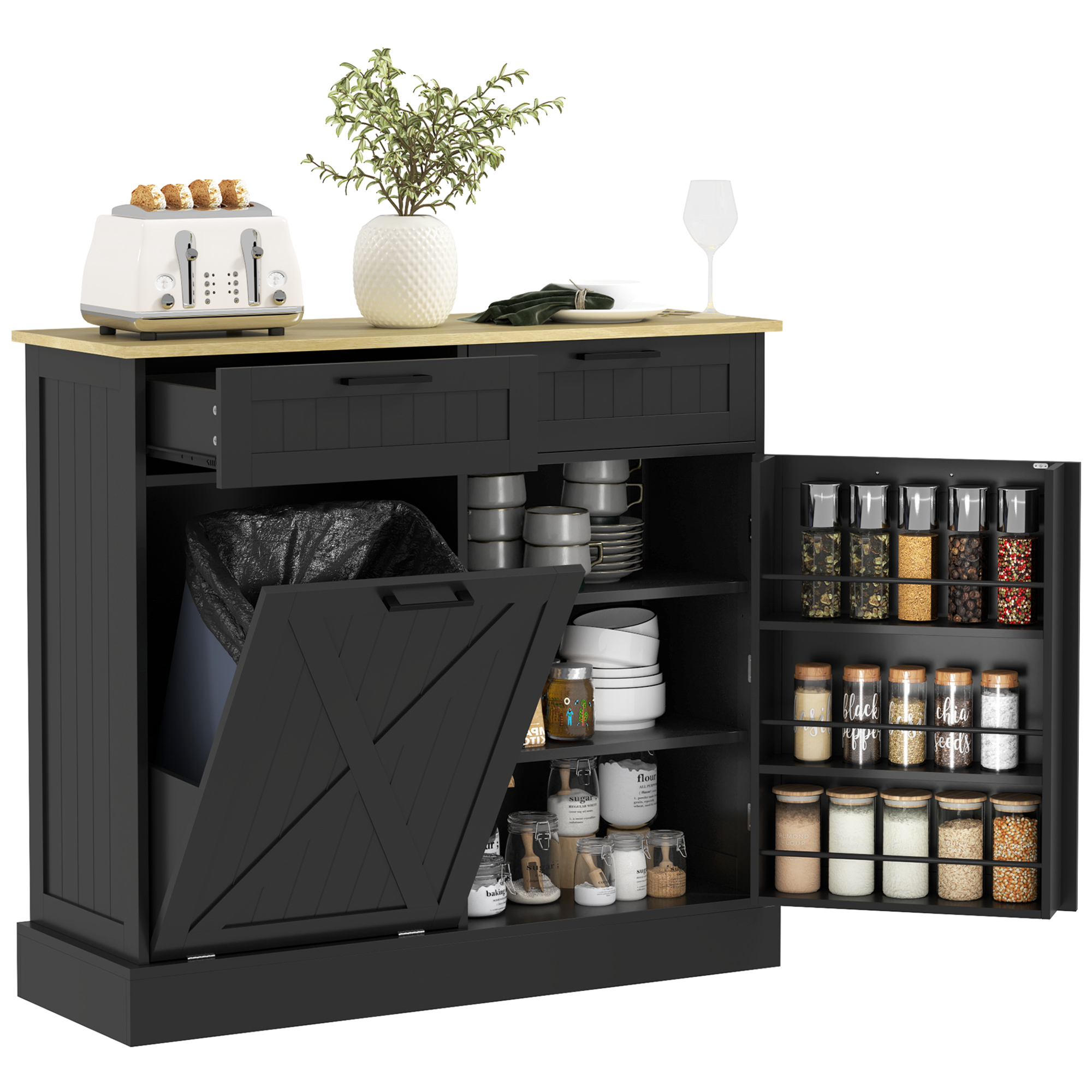 HOMCOM Farmhouse Kitchen Cabinet with Hidden Trash Can and 2 Drawers, Tilt Out Trash Can Cabinet for Kitchen, Black
