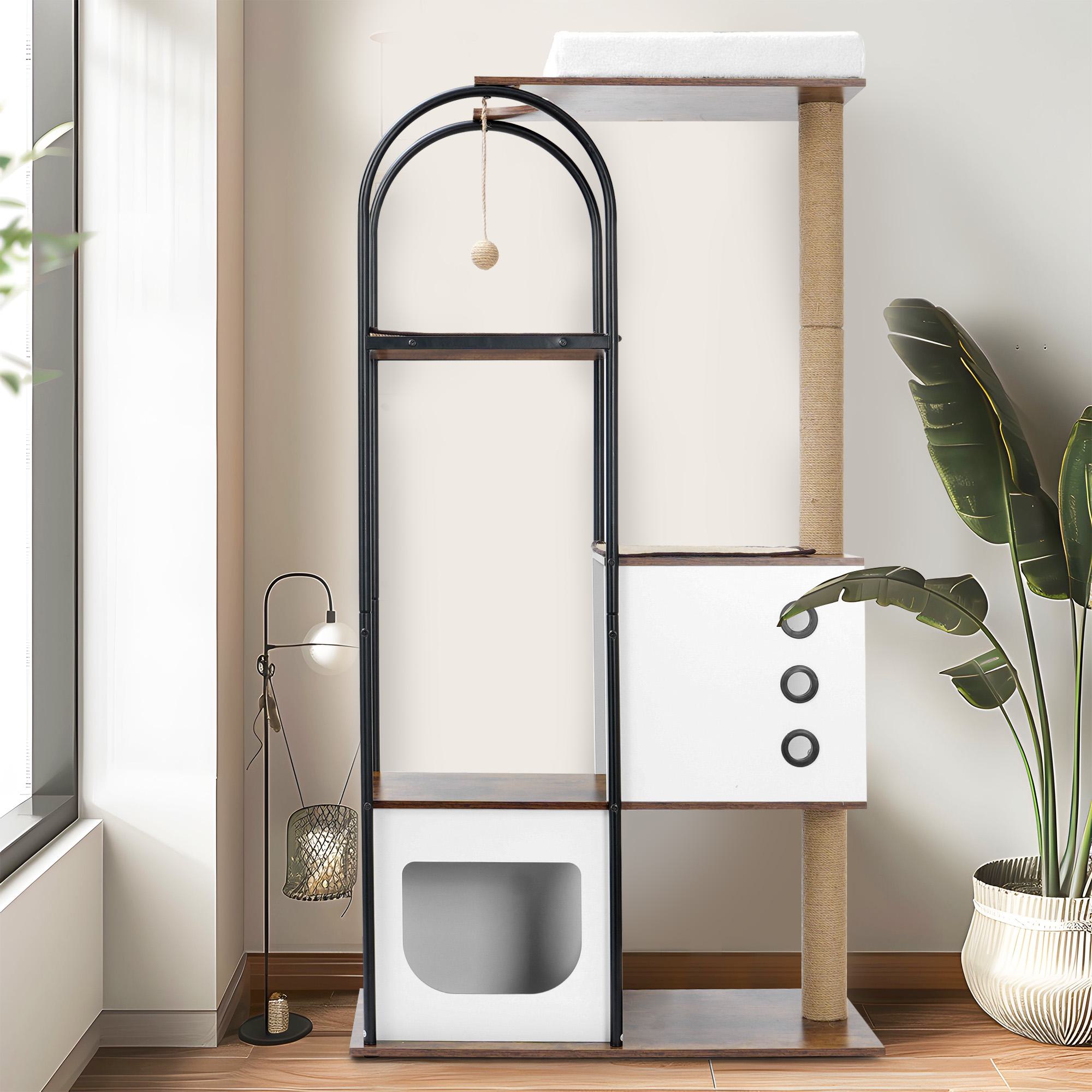 Multi-Level Cat Tree Tower with Cave, Scratching Posts, Perch, Activity Platform, Indoor Cat Condo, 31.5 L x 16 W x 60 H, White+Vintage | Aosom.com