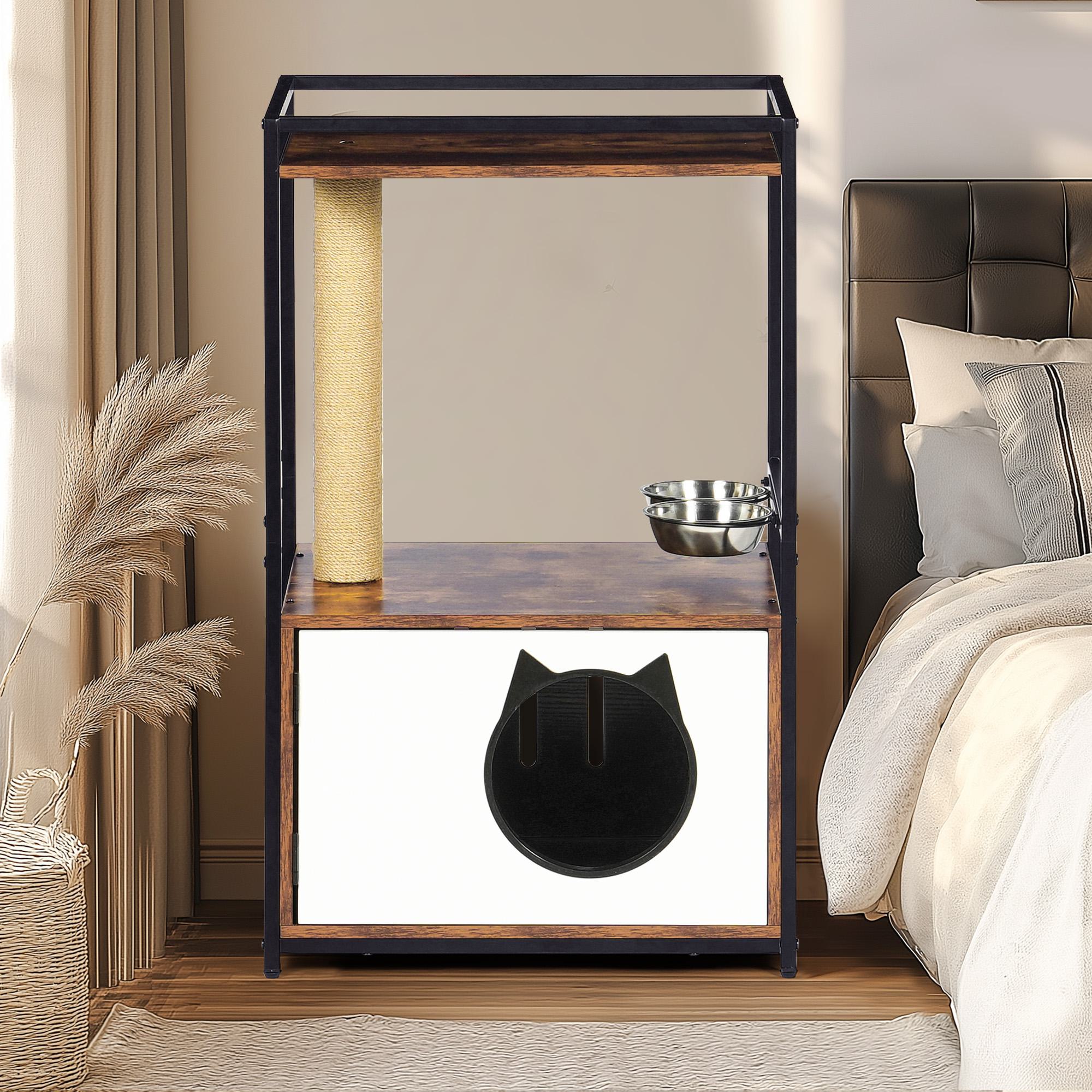 Cat Condo with Scratching Posts and Feeding Station, Multifunctional Furniture Style Cat House, 20.5 L x 16 W x 33.5 H, White+Vintage | Aosom.com