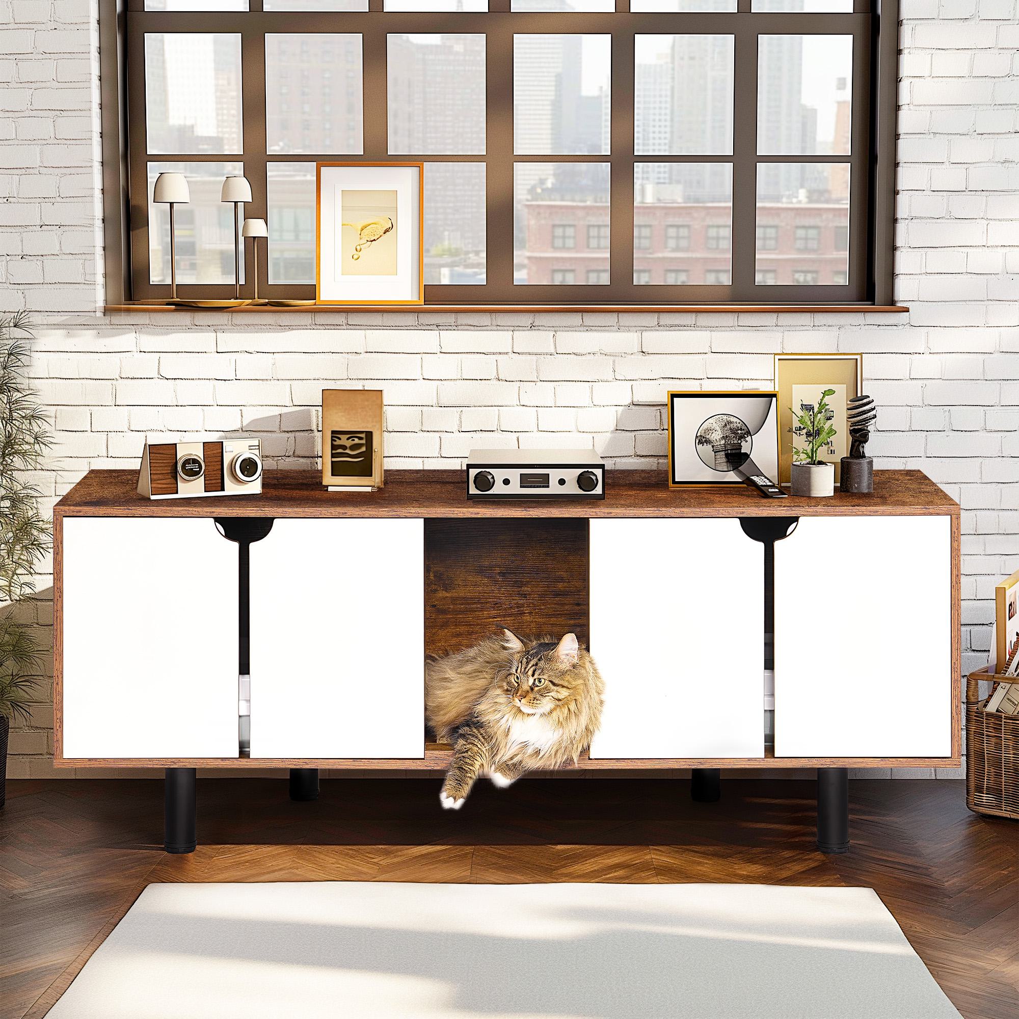 Storage Indoor Cat House Cabinet TV Stand End Table for 2 Cats, Double Hidden Litter Box Furniture, 59 L x 19 W x 23 H, White+Vintage | Aosom.com