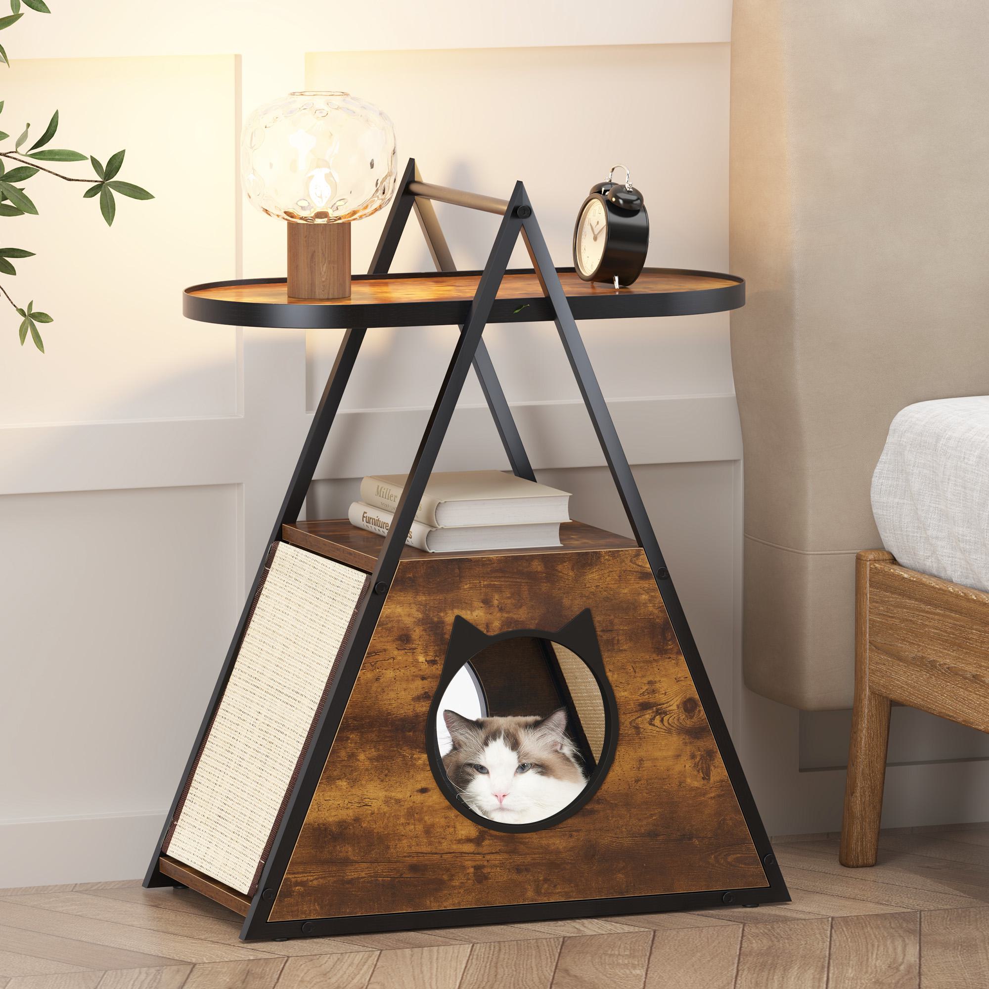 Vintage Wooden Cat House with Storage Shelf, End Table with Hidden Condo, Durable Pet Furniture, 23.5 L x 13 W x 30 H, Black+Vintage | Aosom.com