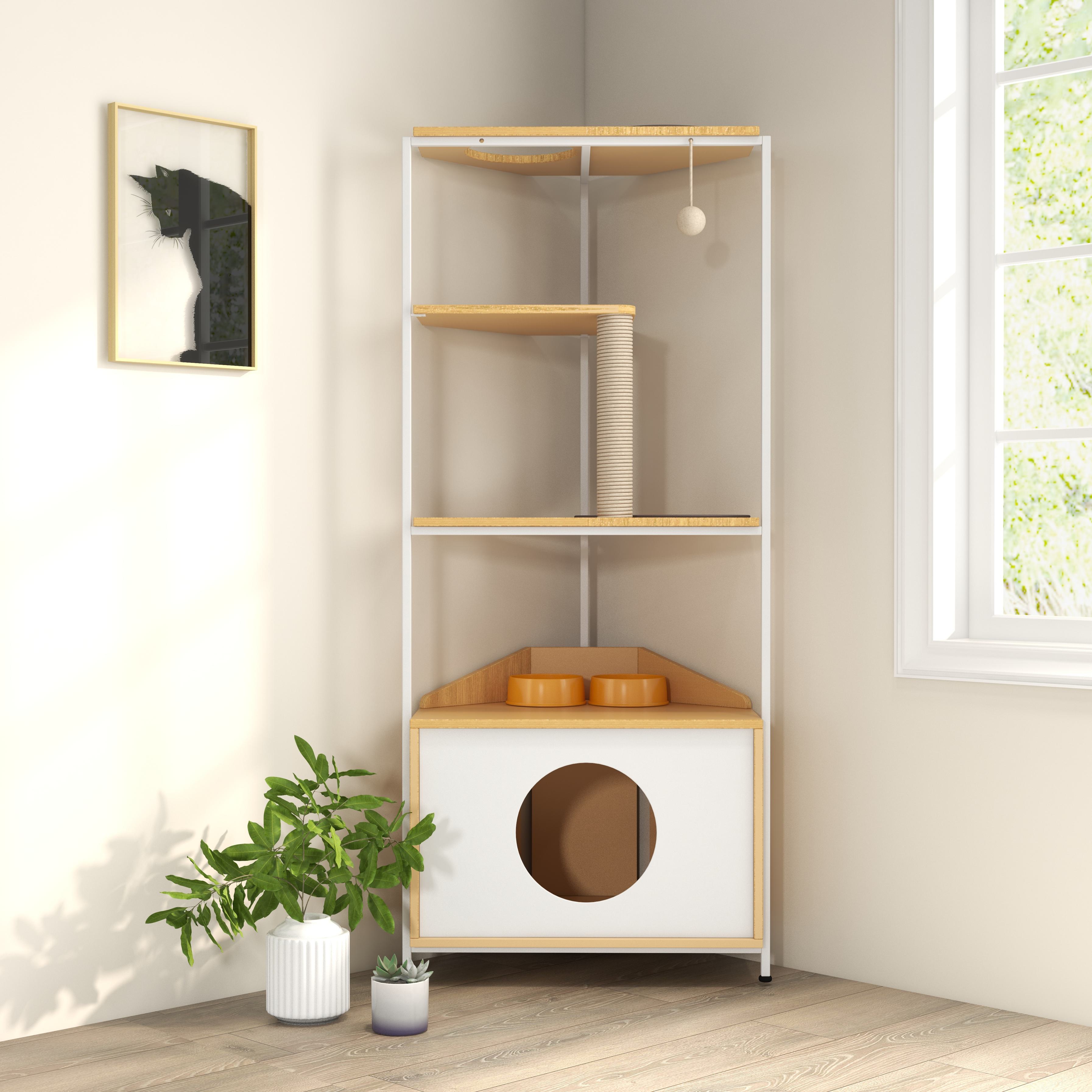 Corner Multi-Level Cat Tree Tower with Scratching Post, Perch, Feeding Station, Indoor Cat Condo, 25" L x 16" W x 58.5" H, White+Light Oak | Aosom.com