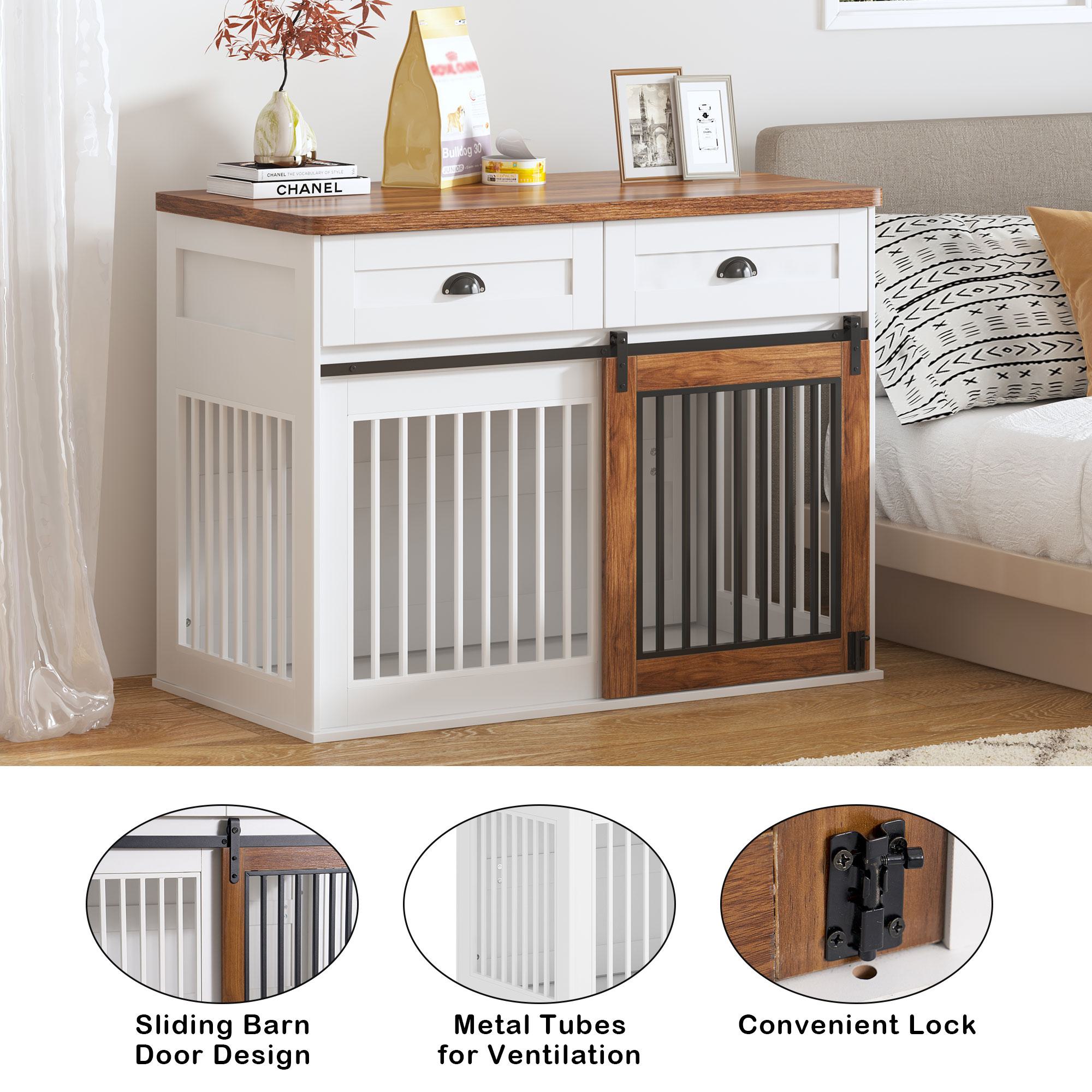 Heavy Duty Wooden Dog Crate with Storage Drawers, White+Walnut