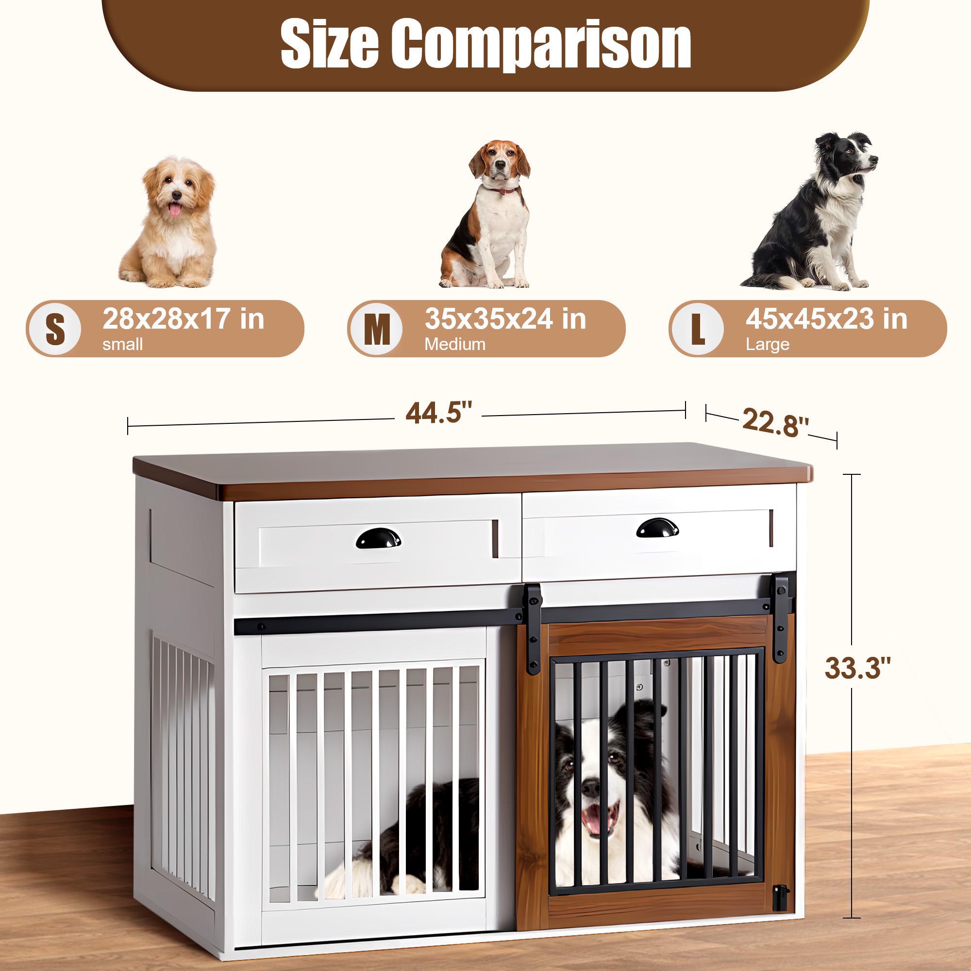 Heavy Duty Wooden Dog Crate with Storage Drawers, White+Walnut