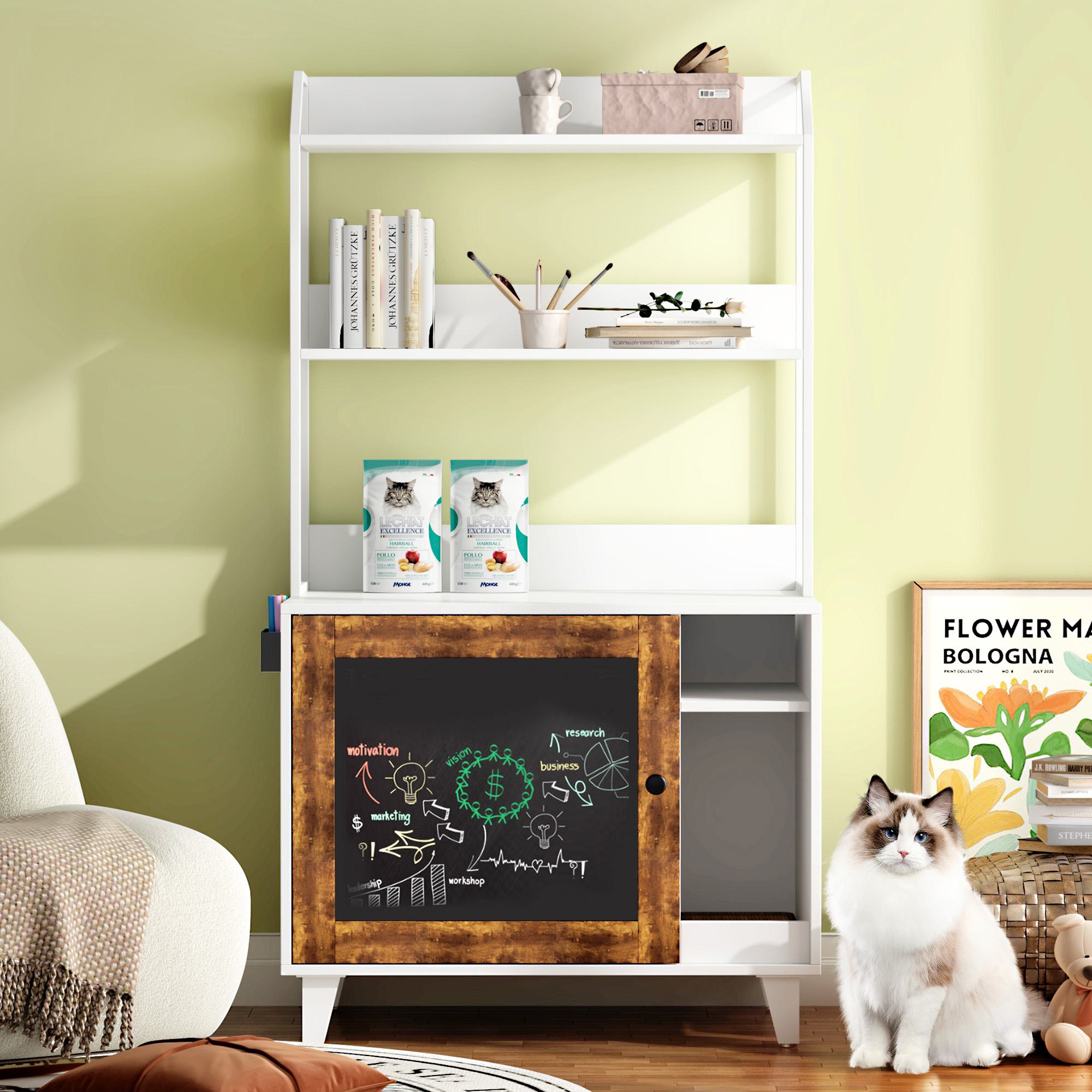 Graffiti Litter Box Enclosure with Shelves, Chalkboard Door, Indoor Cat House for Most Litter Boxes, 30 L x 19 W x 55 H, White+Vintage | Aosom.com