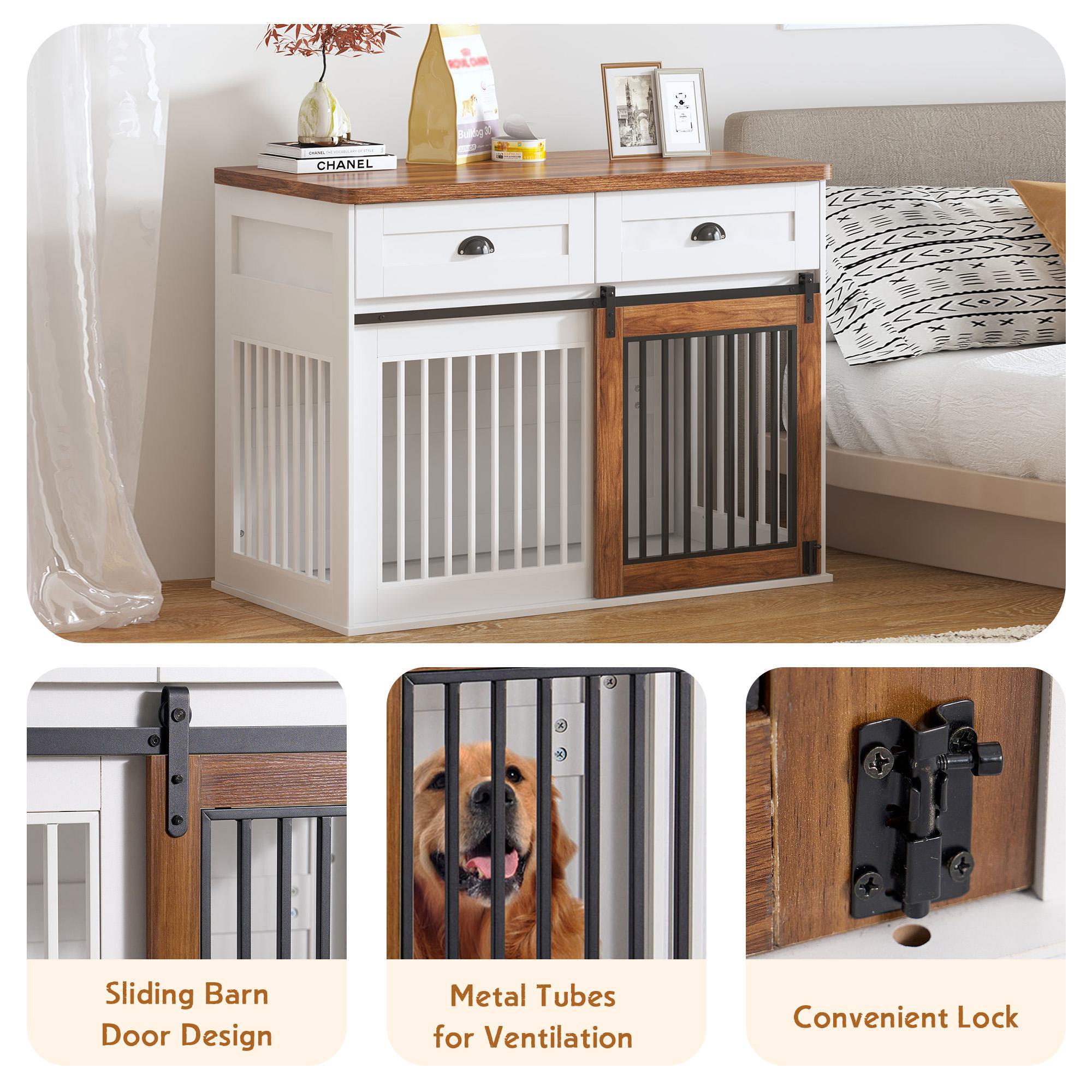 DOG DEPT オリジナル ウッドクレート Heavy Duty Wooden Dog Crate with Storage Drawers, White+Walnut