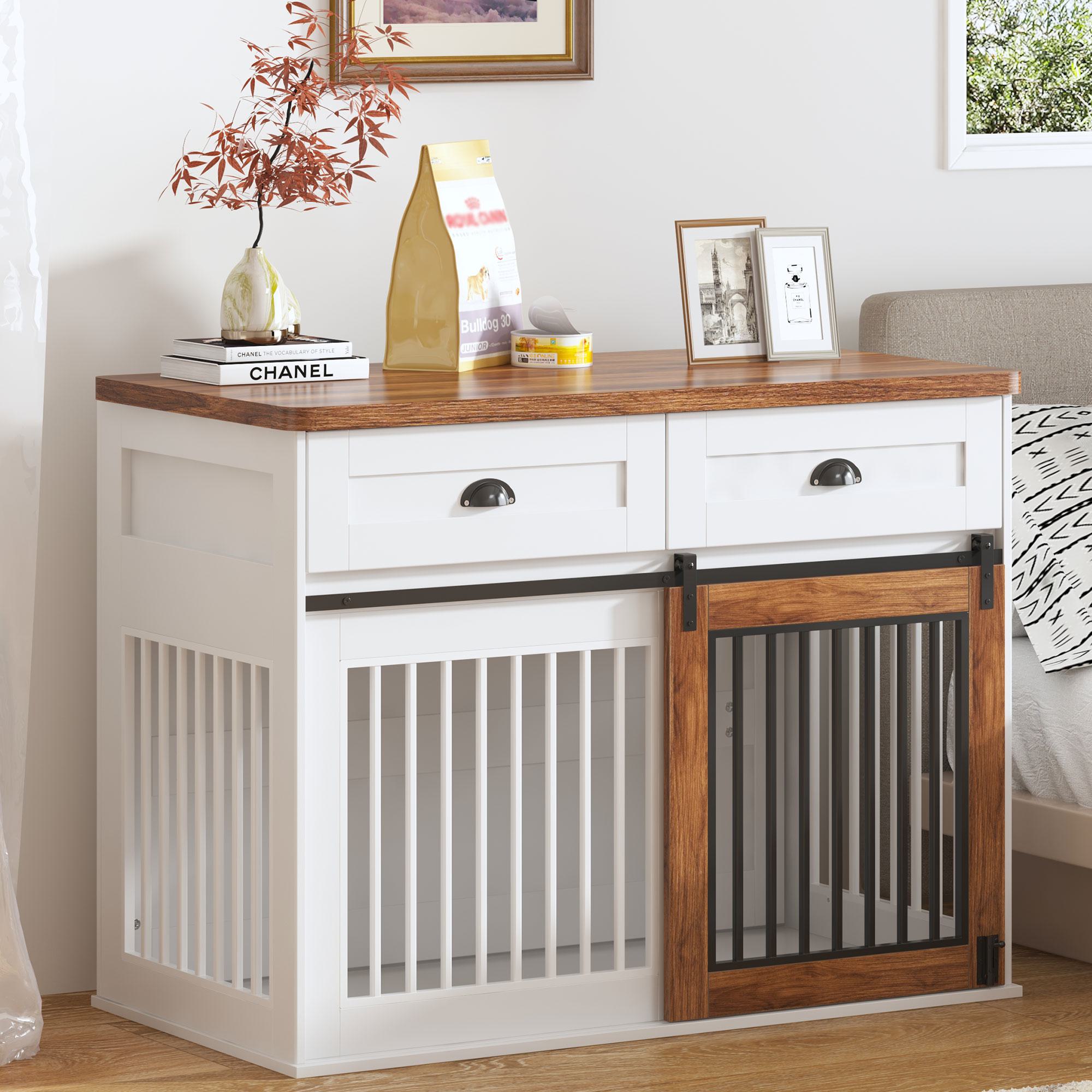 Furniture Style Heavy Duty Wooden Dog Crate with 2 Storage Drawers, Double Doors Side Cabinet, 44.5 L x 23 W x 33.5 H, White+Walnut | Aosom.com