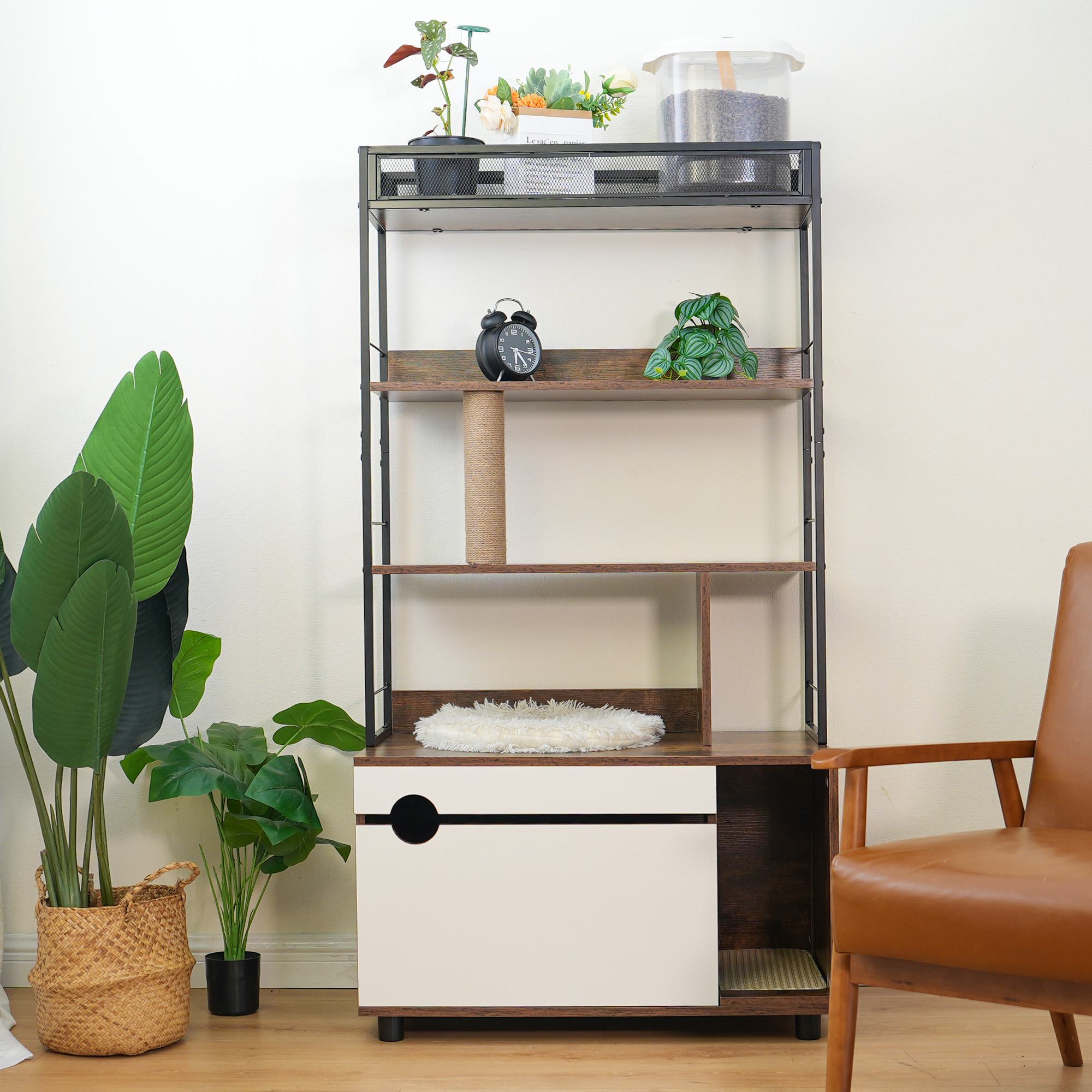 Hidden Cat Litter Box Enclosure with Shelves, Scratching Posts, Perch Platform, Wooden Cat Tree, 31.5 L x 19 W x 60 H, White+Vintage | Aosom.com