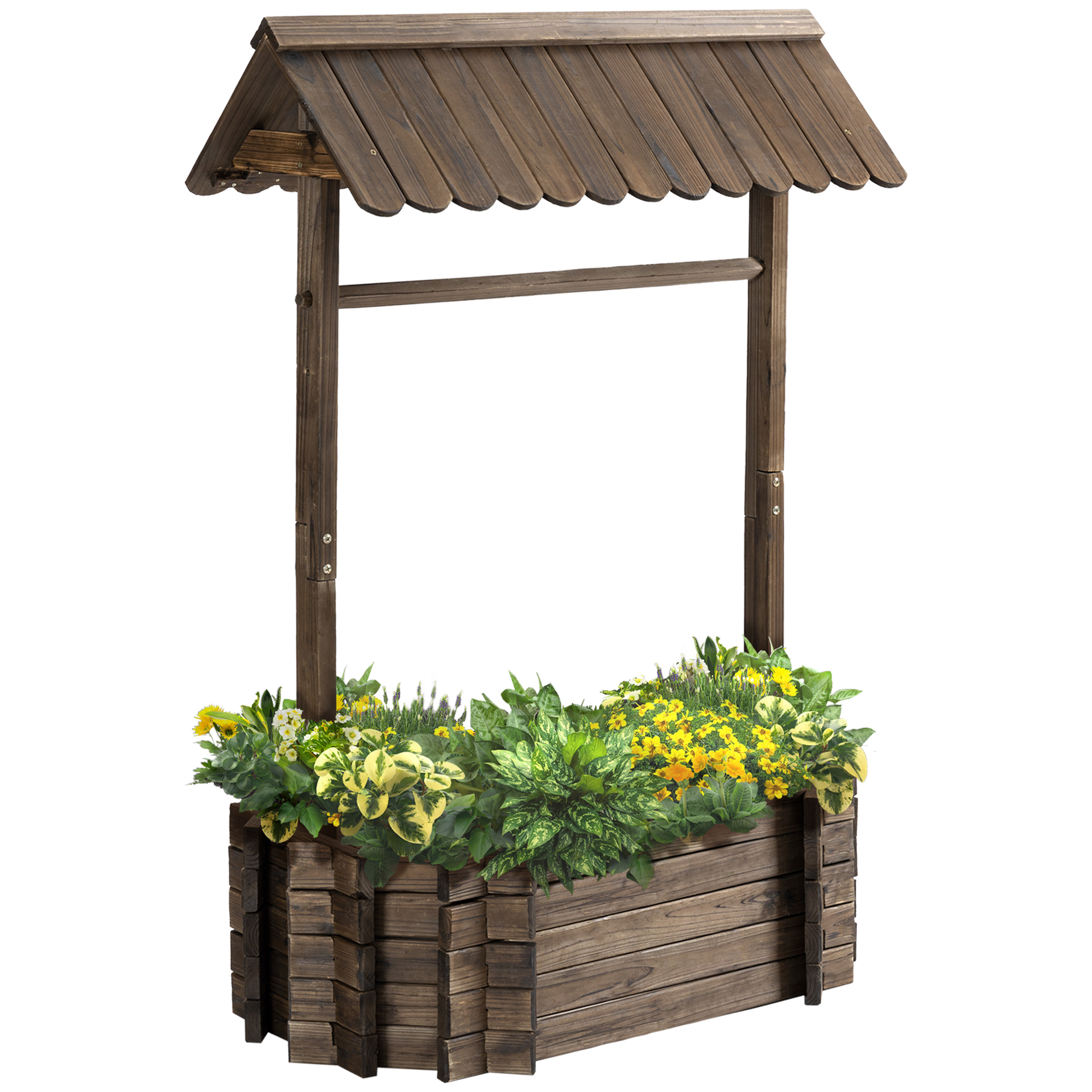 Outsunny Wooden Wishing Well Raided Garden Bed, Rustic Planters for Outdoor Plants, Patio Ornamental for Herb/Vegetables, Rustic Brown
