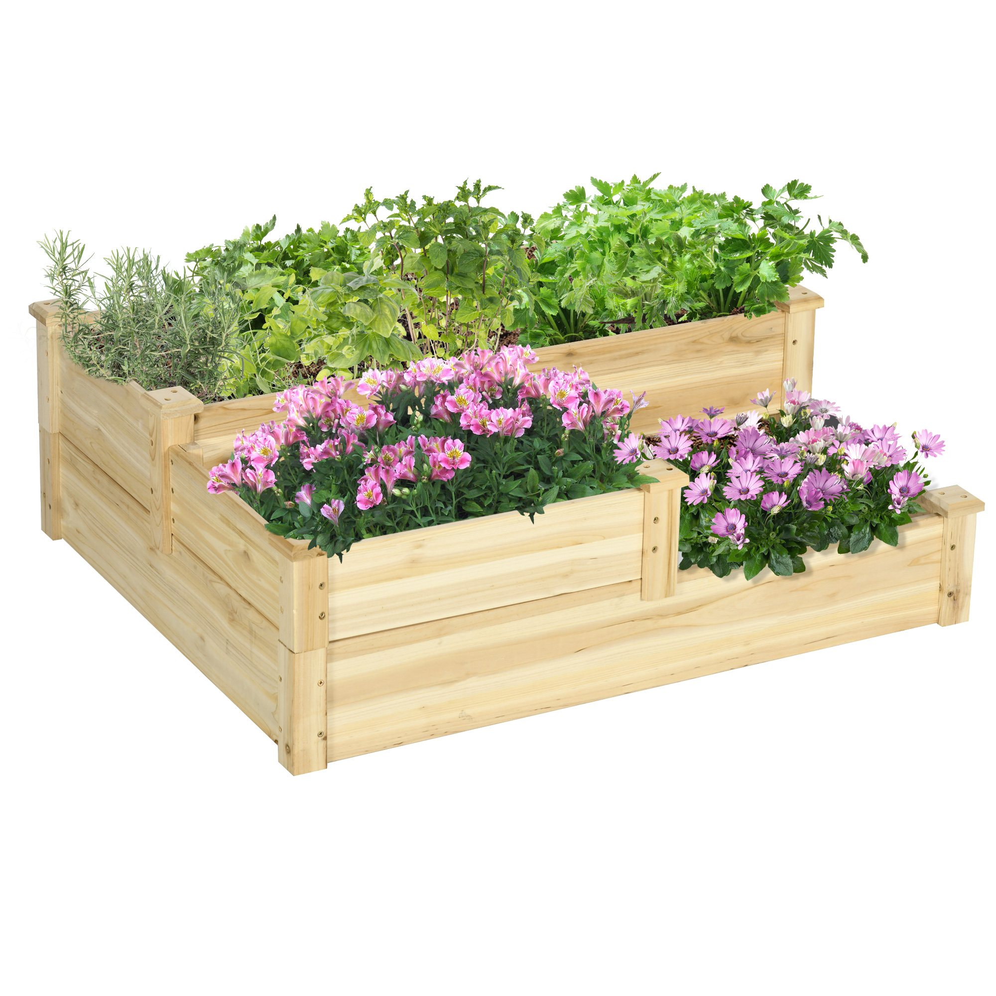 Outsunny 3-Tier Wooden Planter Box, Outdoor Raised Flower Bed, 42.5x34.75x14.25, Natural Open Bottom Design for Plant Growth| Aosom.com