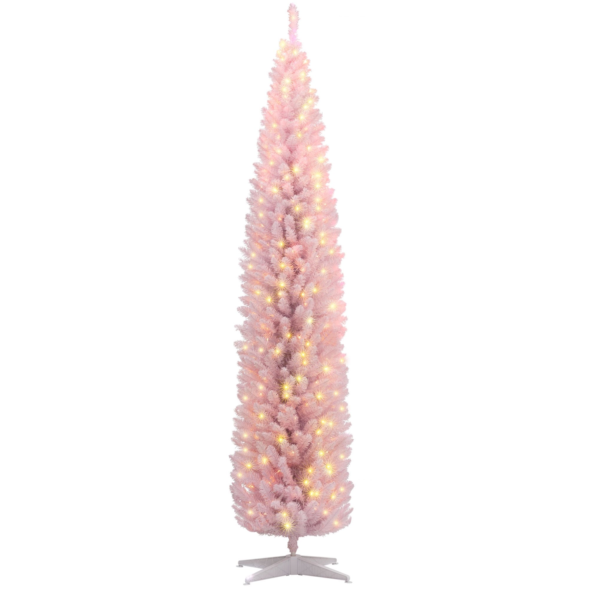 HOMCOM 8ft Pre Lit Pencil Christmas Tree, Slim Artificial Christmas Tree w/ Realistic Branches &amp; LED Lights for Holiday, Pink | Aosom.com