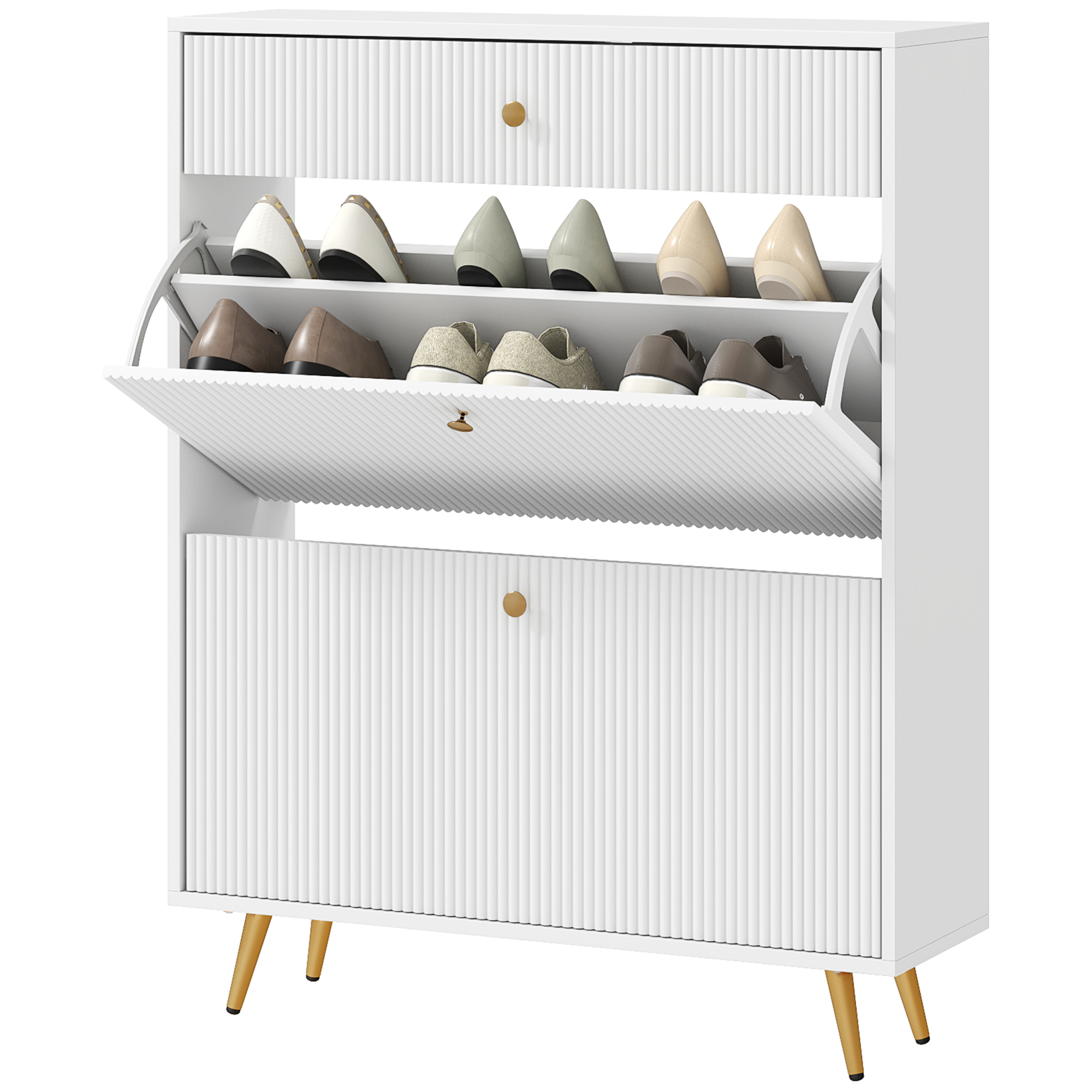 HOMCOM Narrow Shoe Storage Cabinet with Wave-like Panels and Adjustable Shelves for 12 Pairs of Shoes, White