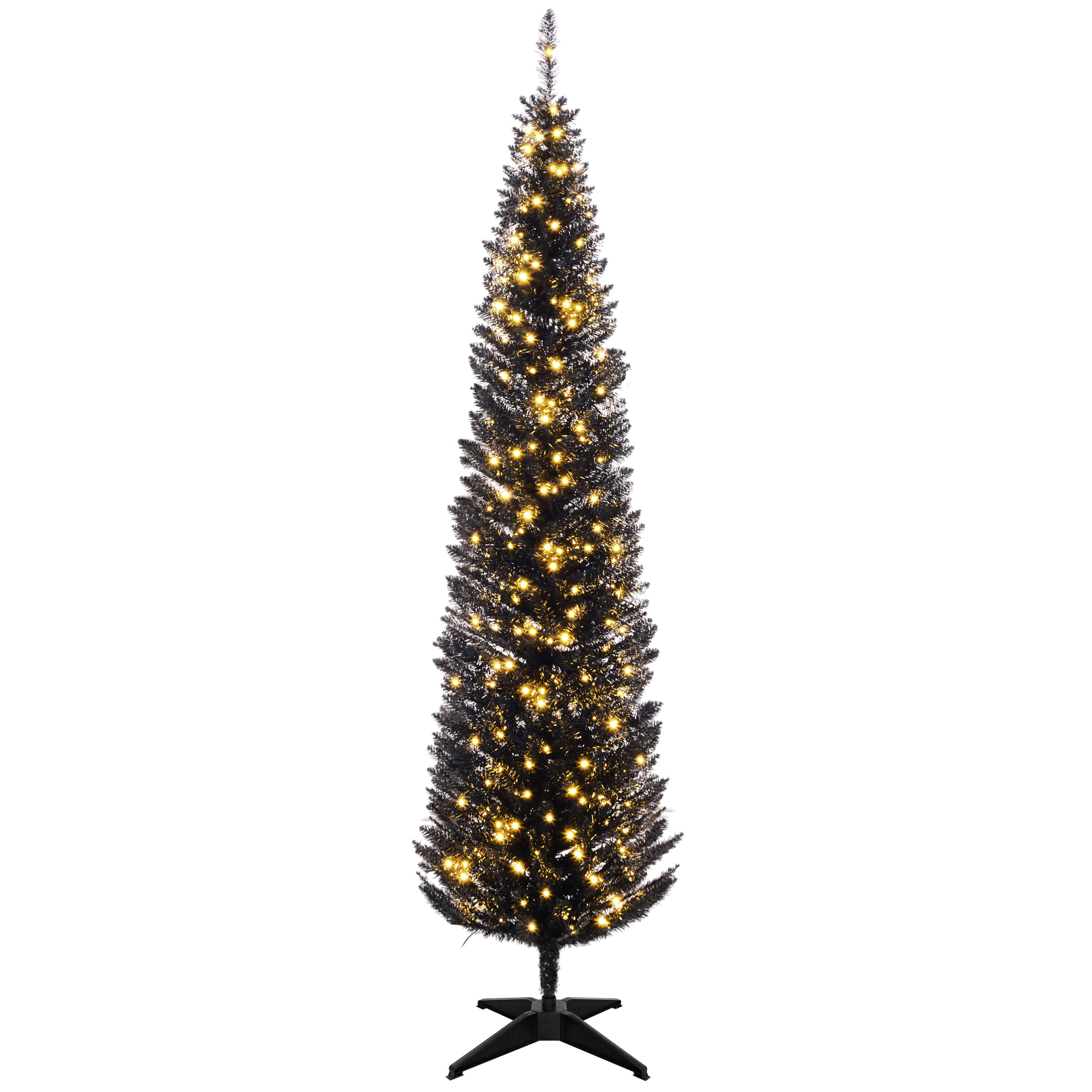 HOMCOM 7ft Pencil Christmas Tree, Slim Artificial Christmas Tree with Realistic Branches and Warm White LED Lights, Black