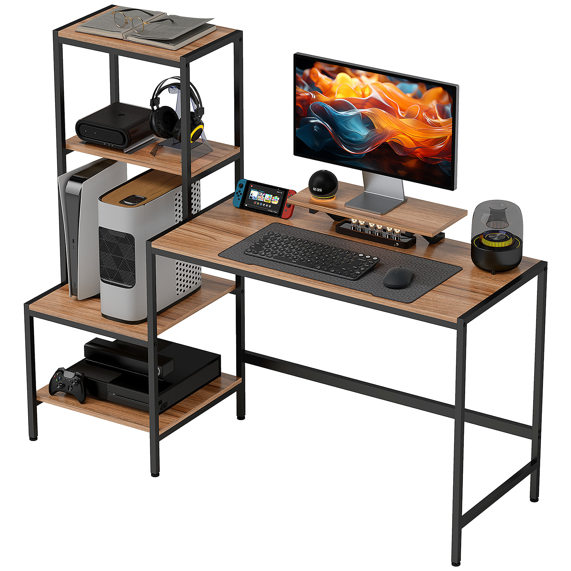 HOMCOM Computer Desk, 59 CPU Desk with Monitor Stand, Reversible 4-Tier Shelf, Industrial Writing Desk for Study Room, Brown