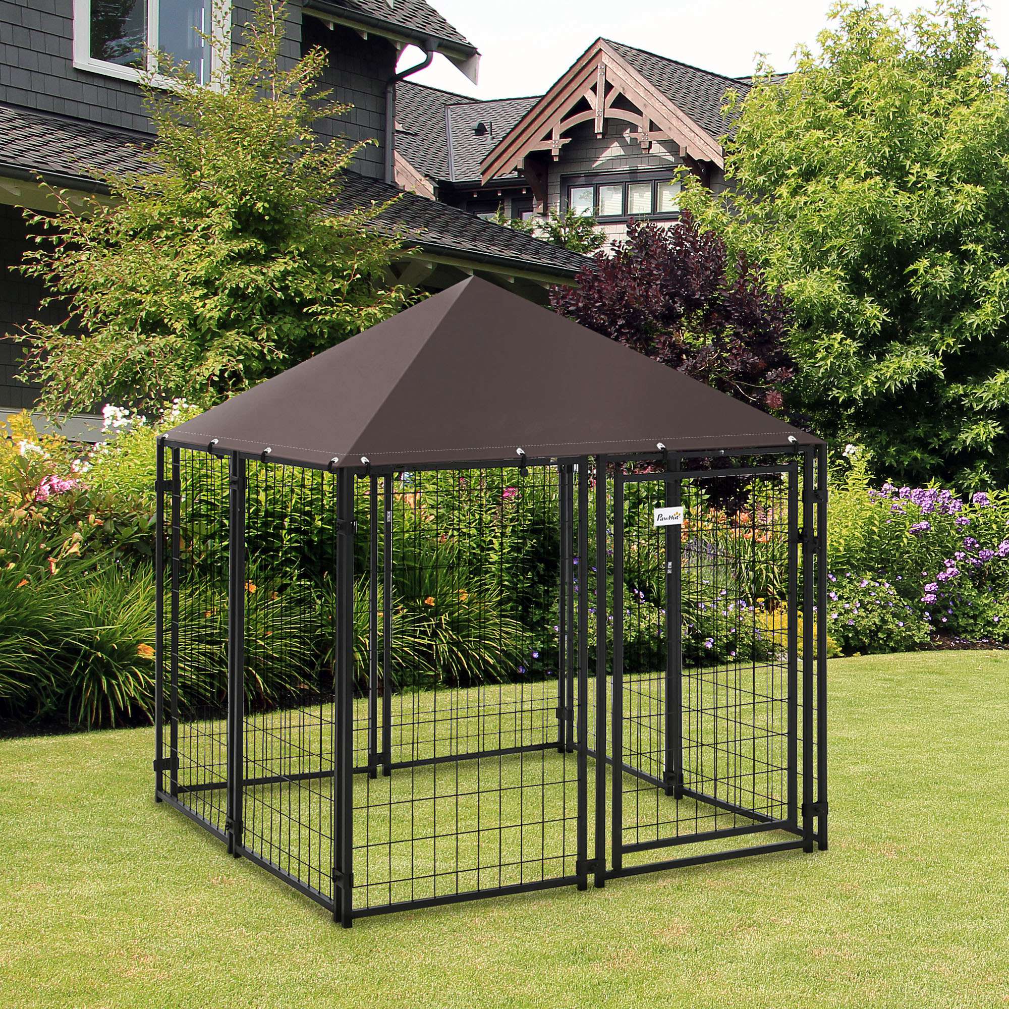 Welded Wire Steel Fence, Outside Canine Kennel, Lockable Animal Playpen Crate, with Water-, UV-Resistant Canopy Top, Entry, 4.6ft x 4.6ft x 5ft, Black 2