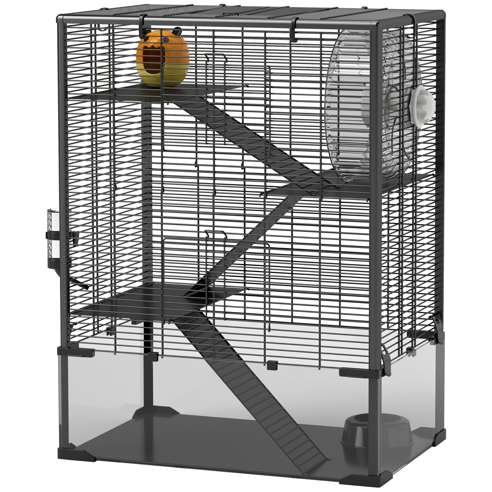 PawHut 4 Tier Hamster Cage with Deep Tempered Glass Bottom, Running Wheel, Hut, Water Bottle, Food Dish, 24 x 16 x 31.5