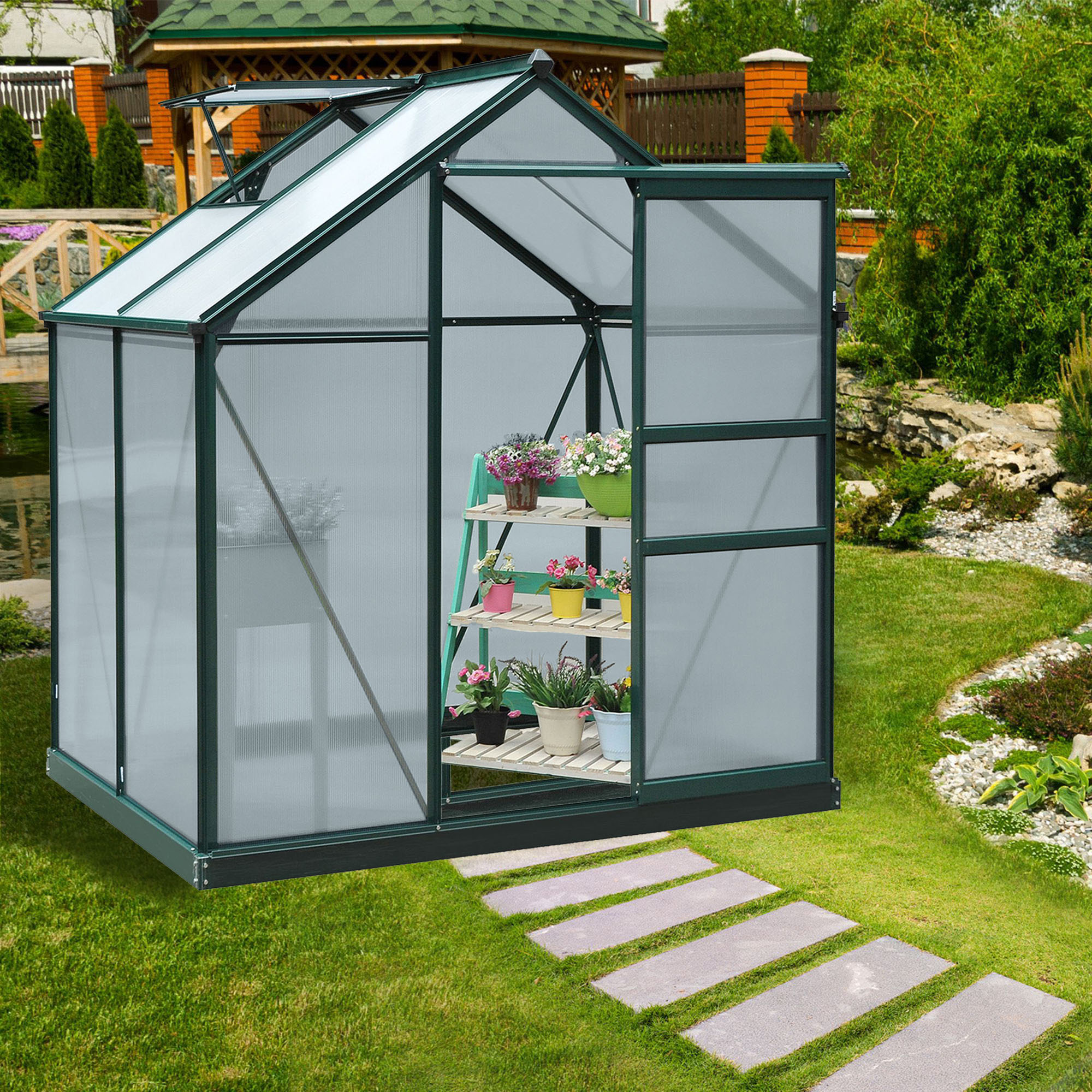 Outsunny Small Greenhouse with Galvanized Base, Slide Door and Aluminium Frame, 6.2x4.3x 6.6 Walk-In Polycarbonate Greenhouse Aosom Canada