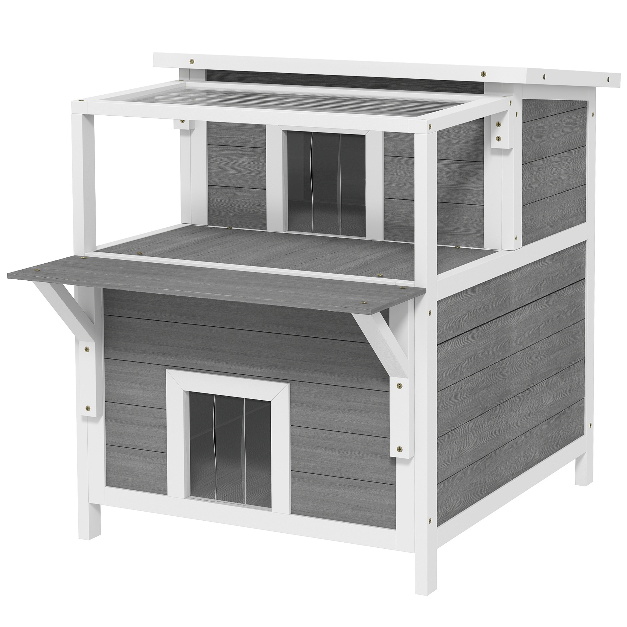 PawHut 2-Story Wooden Cat House Outdoor with Balcony, Openable Top, Escape Door, Removable Panel &amp; Floor, for Backyard, Outside