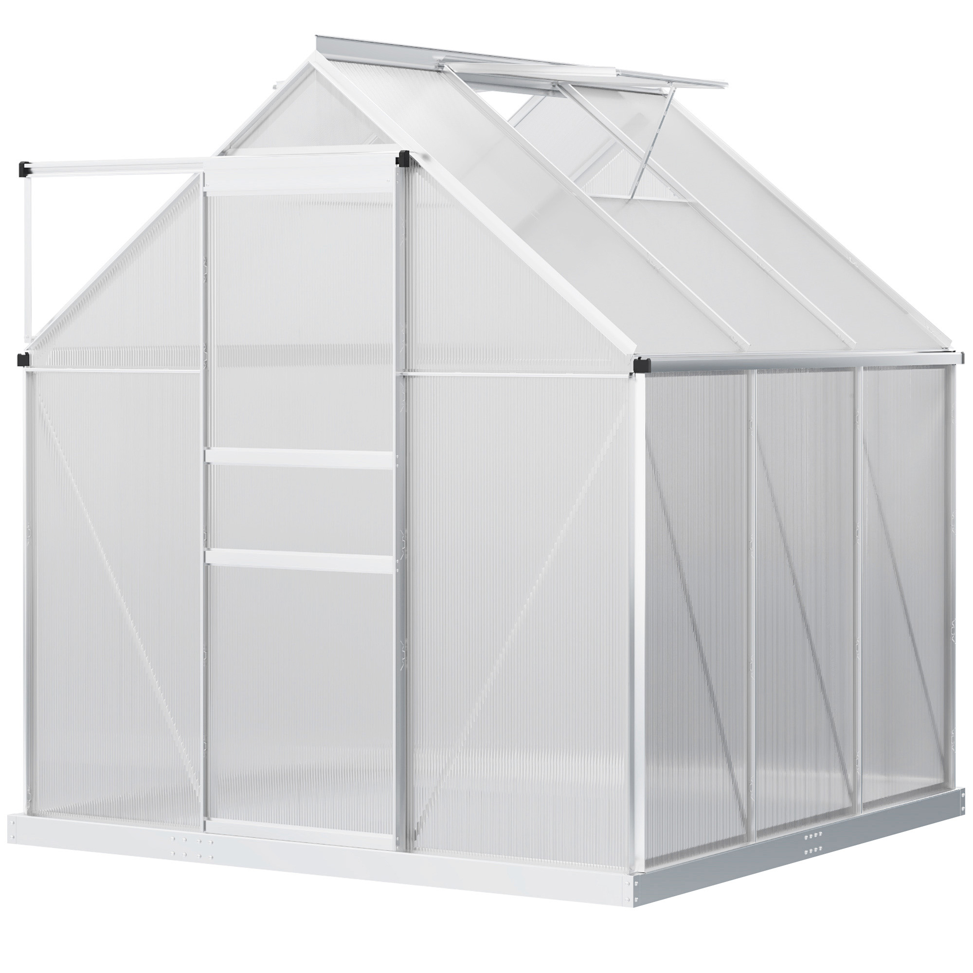 Outsunny 6&#039;x6&#039; Greenhouse with Polycarbonate, Heavy-Duty Greenhouse w/Adjustable Roof Vent, Rain Gutter and Sliding Door, Silver | Aosom.com