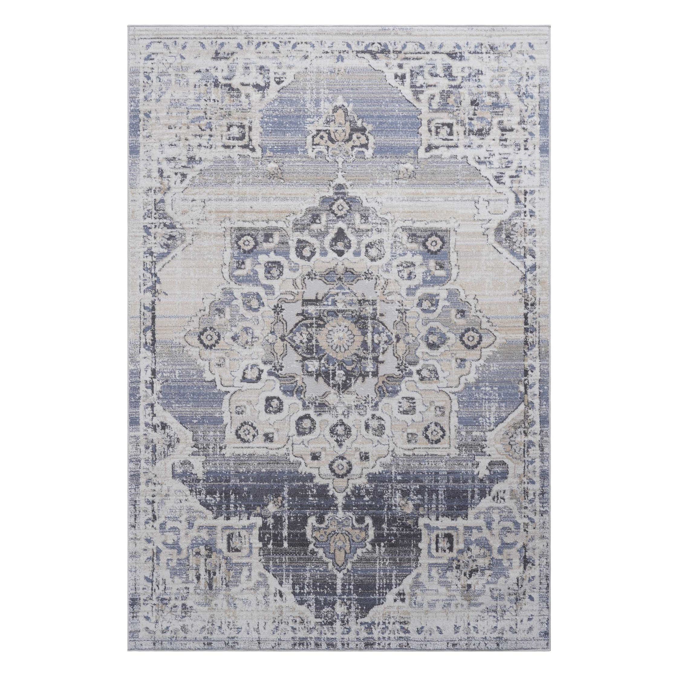 8x10 Stain-Resistant Area Rug with Cotton Backing, Medium Pile Height, Kid and Pet-Friendly Carpet, 120 L x 93 W x 0.3 H, Cream+Blue | Aosom.com
