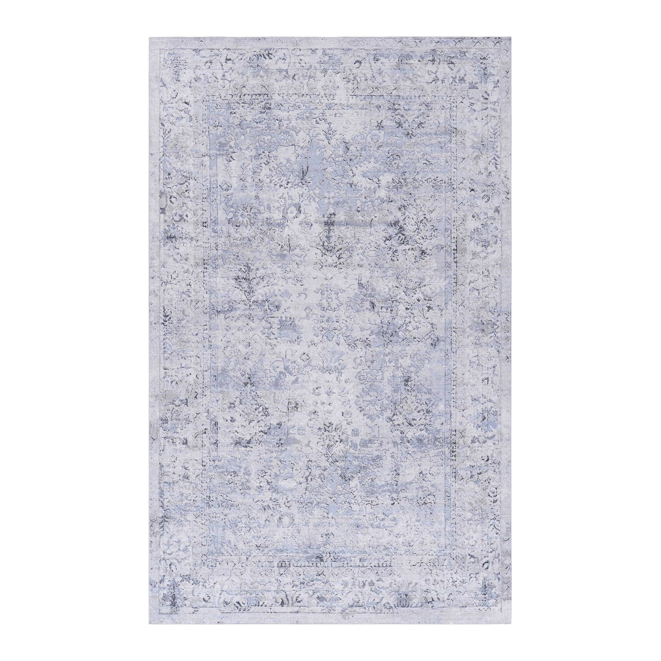 4x6 Low-Pile Kid and Pet Friendly Washable Area Rug, Non-Slip, Non-Shedding, Foldable Carpet for Living Room, Dining Room, Blue+Cream