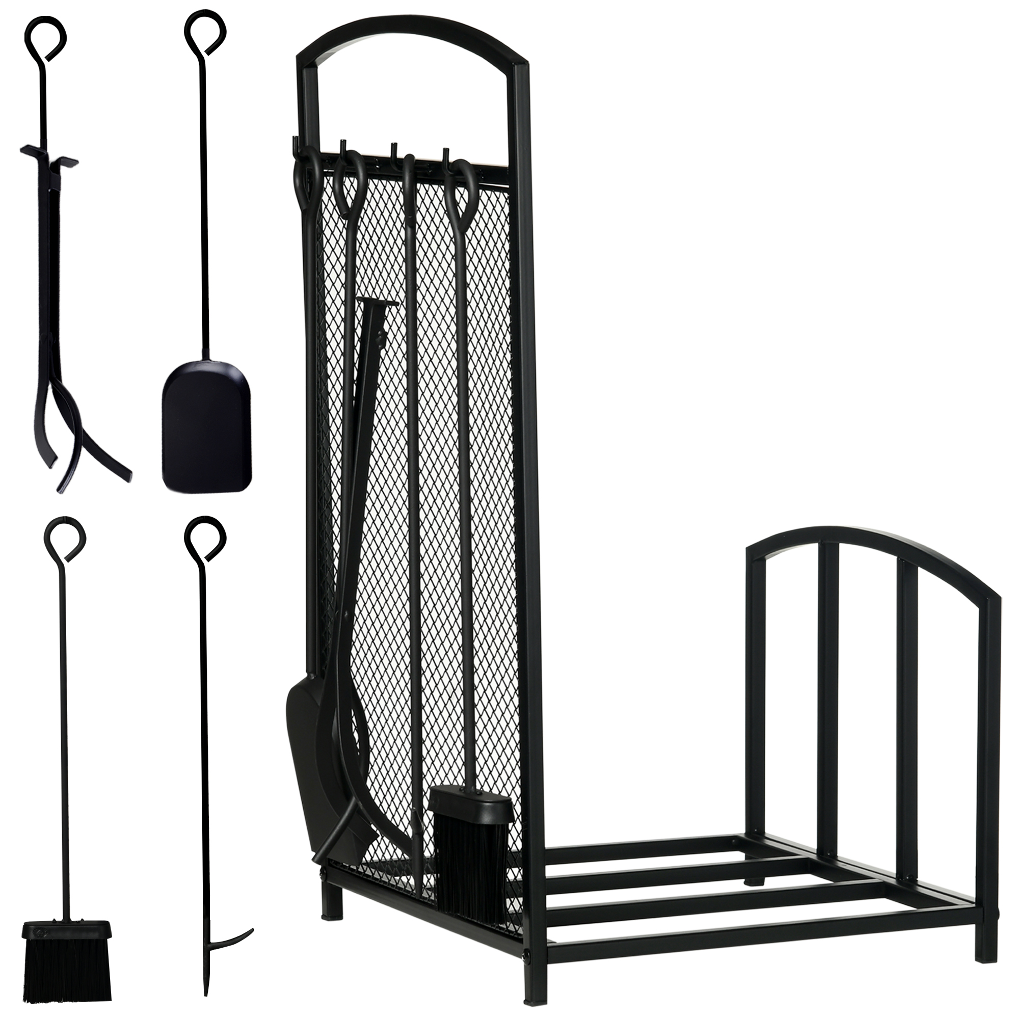 HOMCOM Fireside Organizer: Black Steel Firewood Rack with Tool Set for Hearth &amp; Fire Pit | Aosom.com