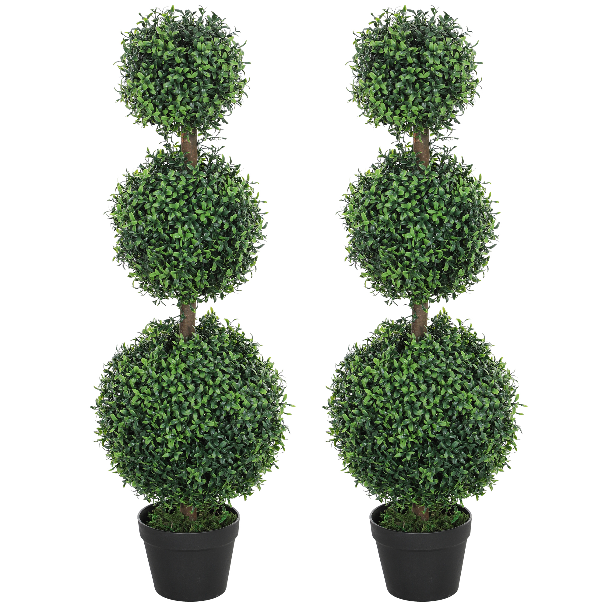 HOMCOM Set of 2 Artificial Ball Boxwood Topiary Trees, Fake Plants in Pot for Indoor Outdoor Living Room Green