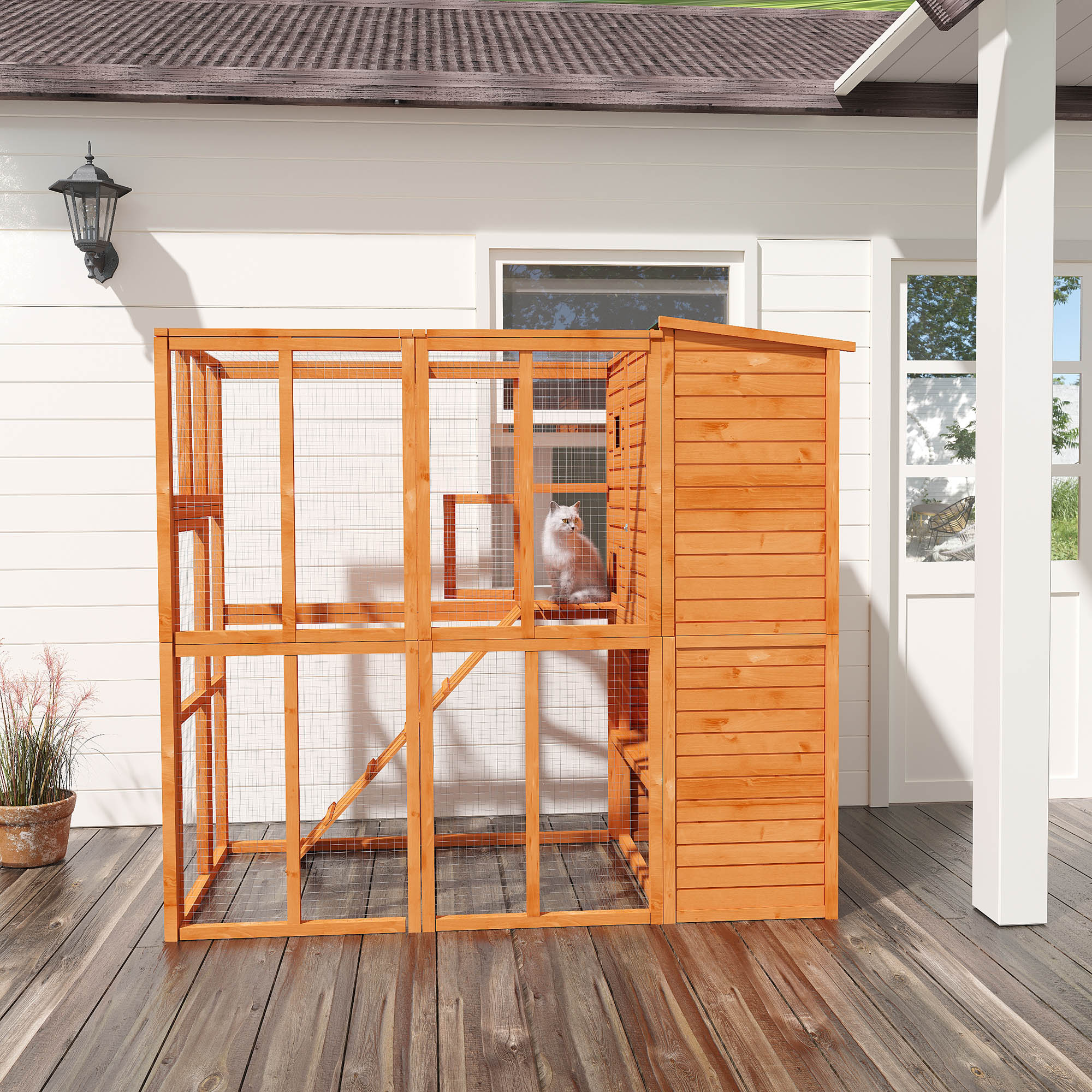 PawHut Wooden Outdoor Cat Enclosure Catio Cage With Ramp and