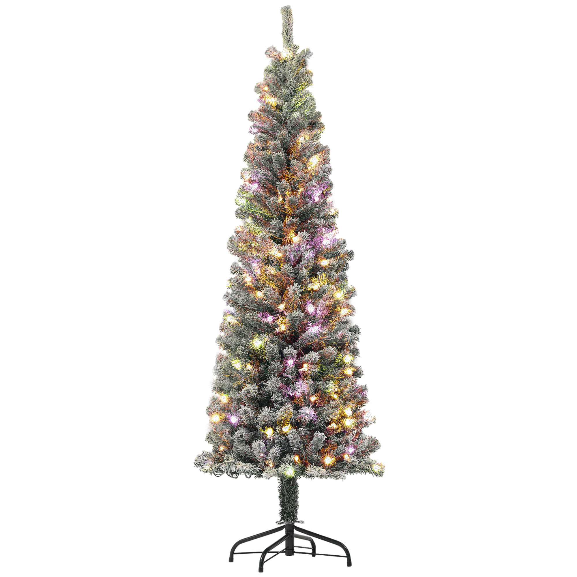 HOMCOM 6 ft Pre Lit Pencil Christmas Tree, Flocked Xmas Tree with Dual Color LED Lights, 429 Branches &amp; Metal Stand for Home Decor, Green | Aosom.com