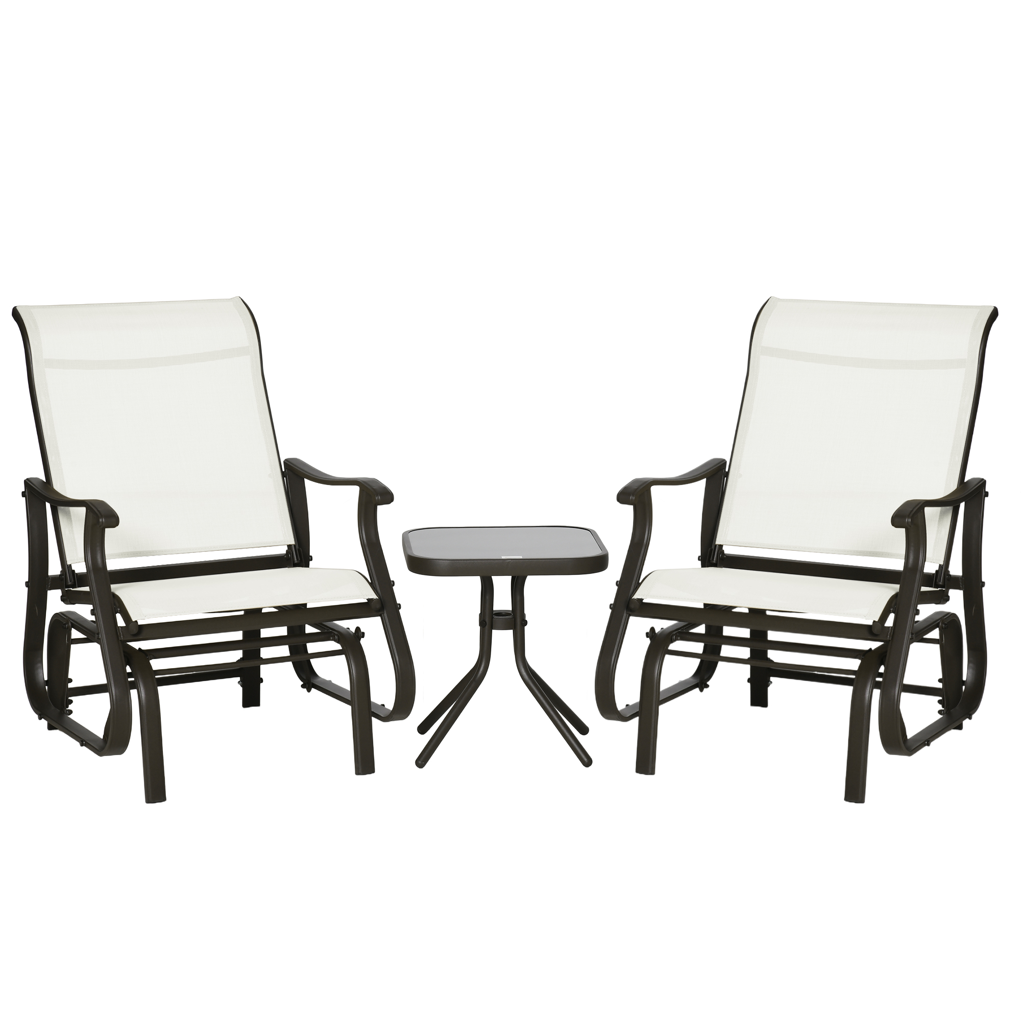Outsunny 3-Piece Gliding Chair &amp; Tea Table Set, Outdoor 2 Rocker Seats with Steel Frame, Tempered Glass Tabletop, Garden Patio Furniture, Cream White