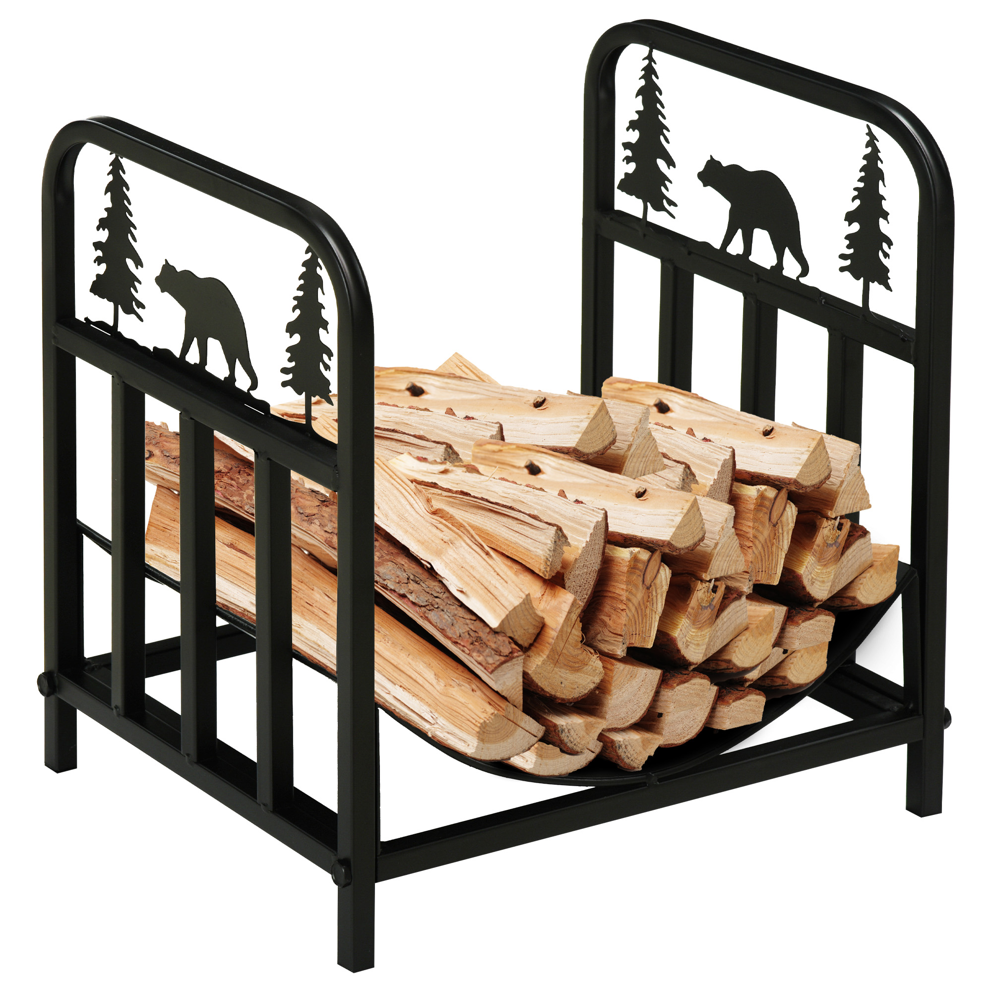 Outsunny 17 Firewood Rack, Indoor Outdoor Firewood Holder, Curved Bottom with Bear and Tree Theme for Fireplace, Wood Stove, Black