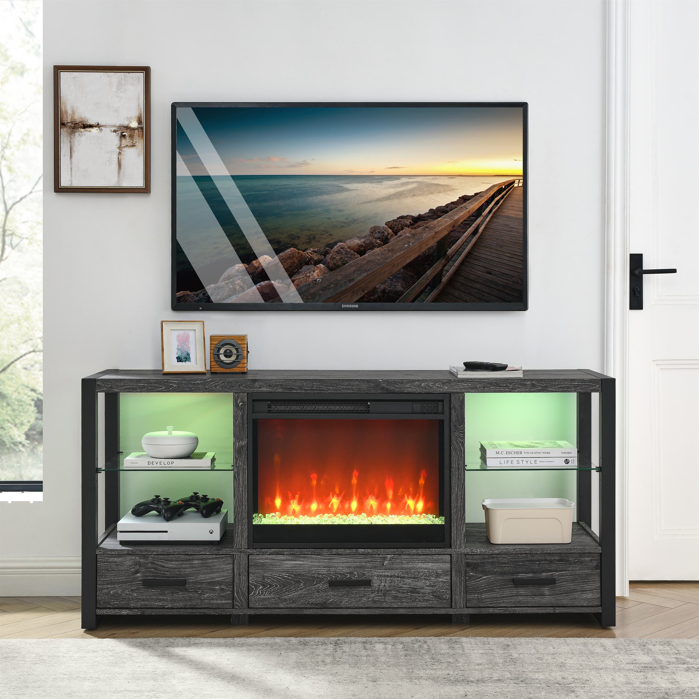 60 Electric Fireplace TV Stand with LED Lights, Adjustable Flame Settings, Storage Spaces, Entertainment Unit with Fireplace, Dark Oak| Aosom.com