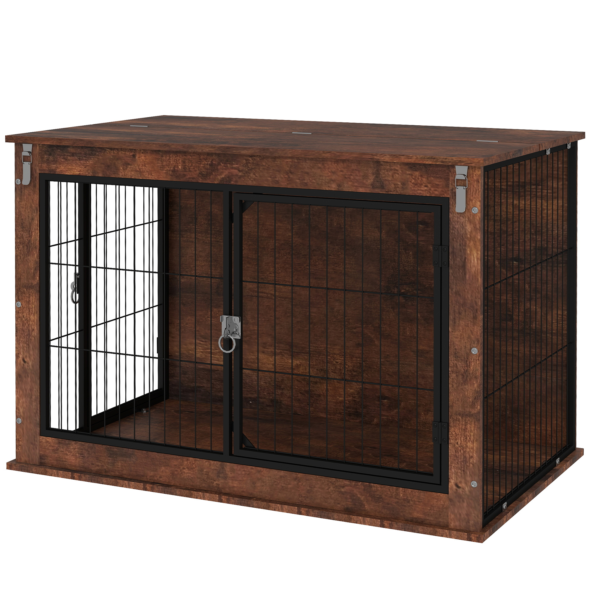 PawHut 39 Dog Crate Furniture with Flip-up Top Opening, 2 Doors, Dog Kennel Furniture for Large Dogs, Rustic Brown