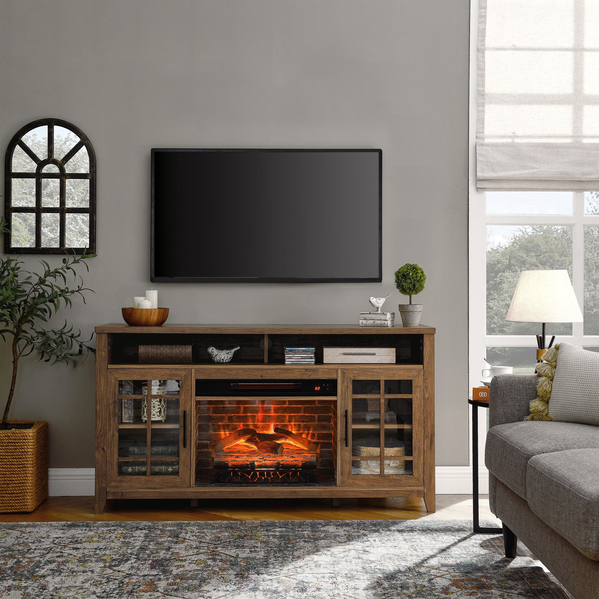55" TV Media Stand with Remote Control Electric Fireplace, Adjustable Shelves, and Cable Management, Reclaimed Barnwood
