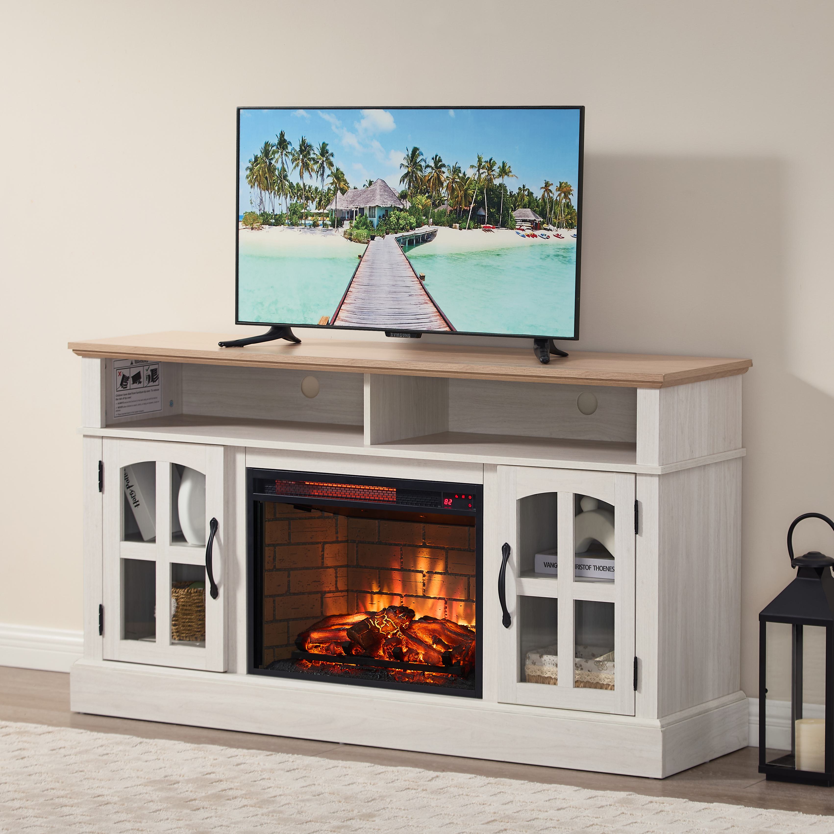 58 TV Stand with Storage for TVs up to 70, Entertainment Center with Electric Fireplace, Glass Doors, 58&#039;&#039; L x 15.5&#039;&#039; W x 32&#039;&#039; H, White| Aosom.com