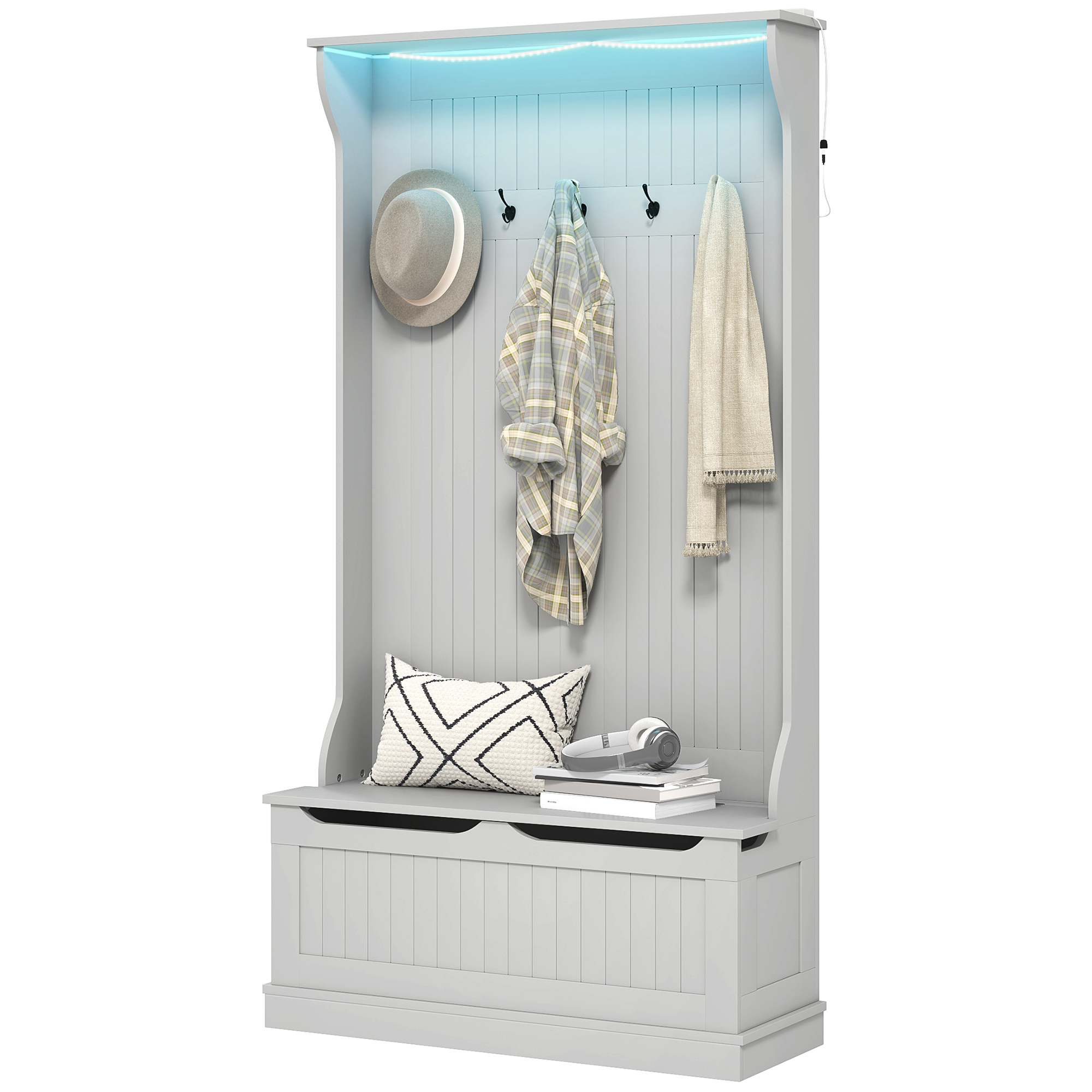 HOMCOM 3-In-1 Entryway Bench with LED Lights and Coat Rack, Hall Tree with Bench and Shoe Storage, 5 Hooks for Hallway Gray