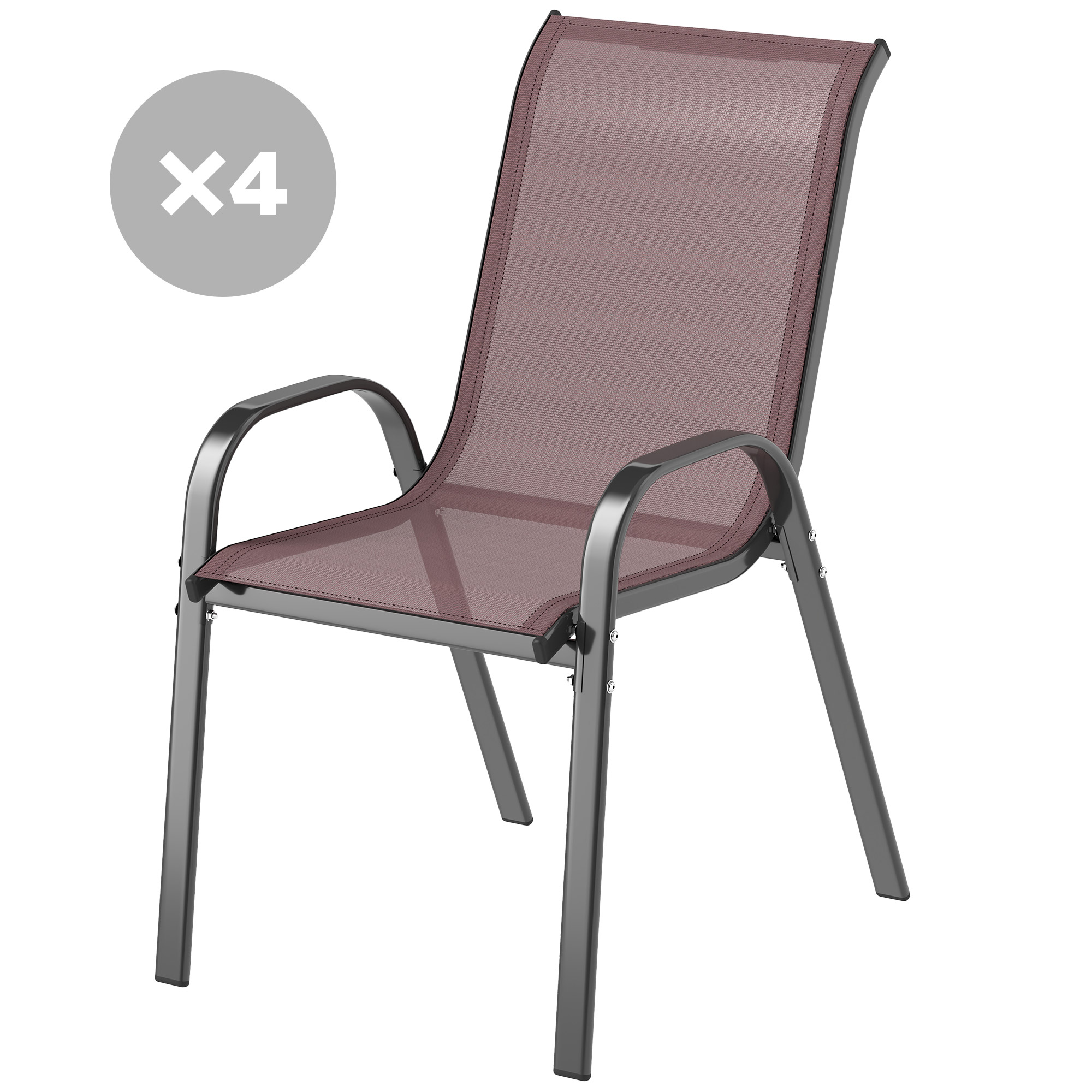 Outsunny Set of 4 Outdoor Dining Chairs, Stackable Patio Chairs with High Back, Breathable Mesh Seat for Garden Lawn, Brown